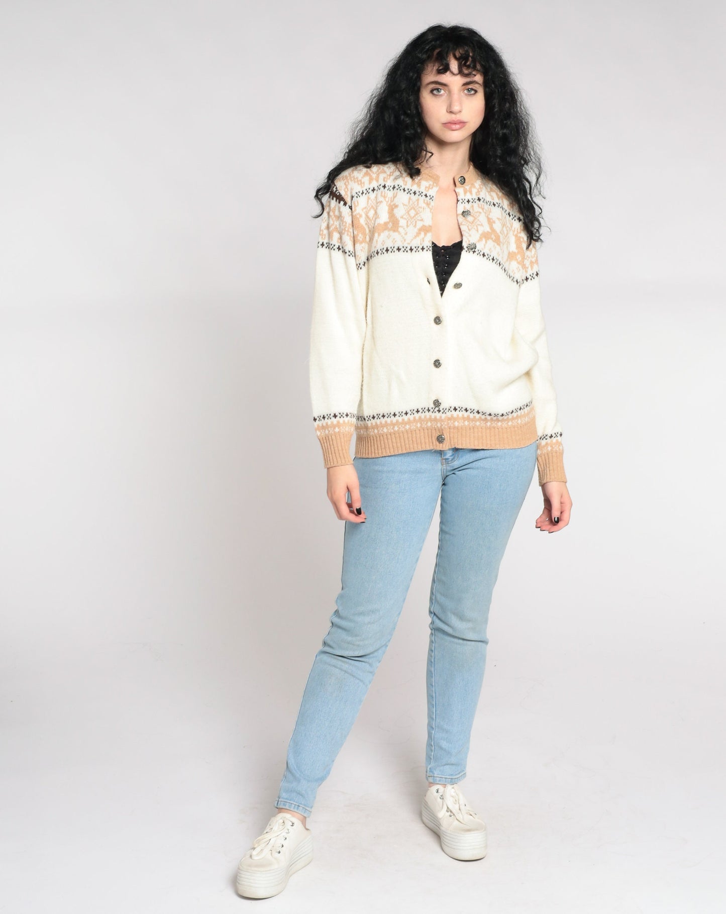 70s White Reindeer Fair Isle Cardigan Sweater Nordic Snowflake Button-Up Medium