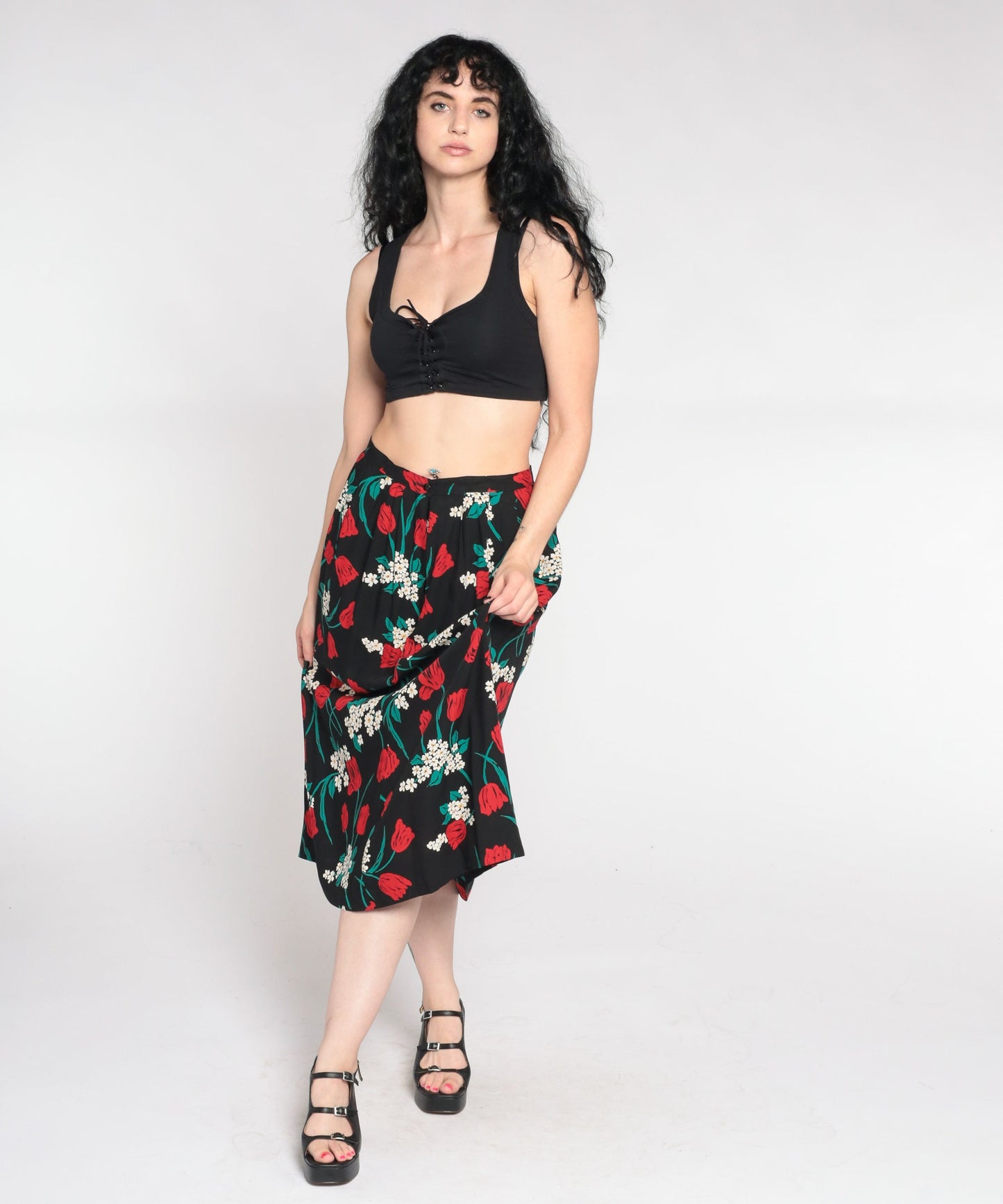90s Pendleton Floral Midi Skirt Black Red High Waist Small
