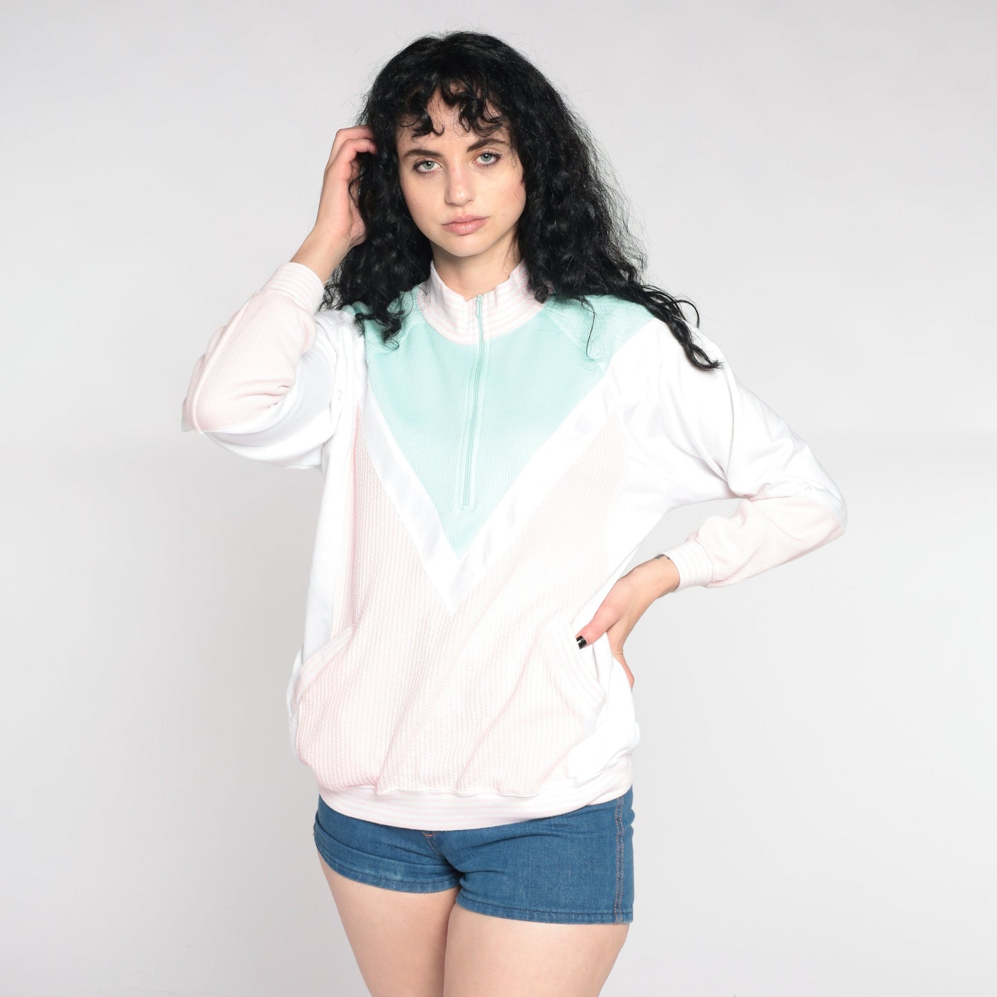 80s Colour Block Quarter Zip Sweatshirt Mock Neck Pink Mint Medium