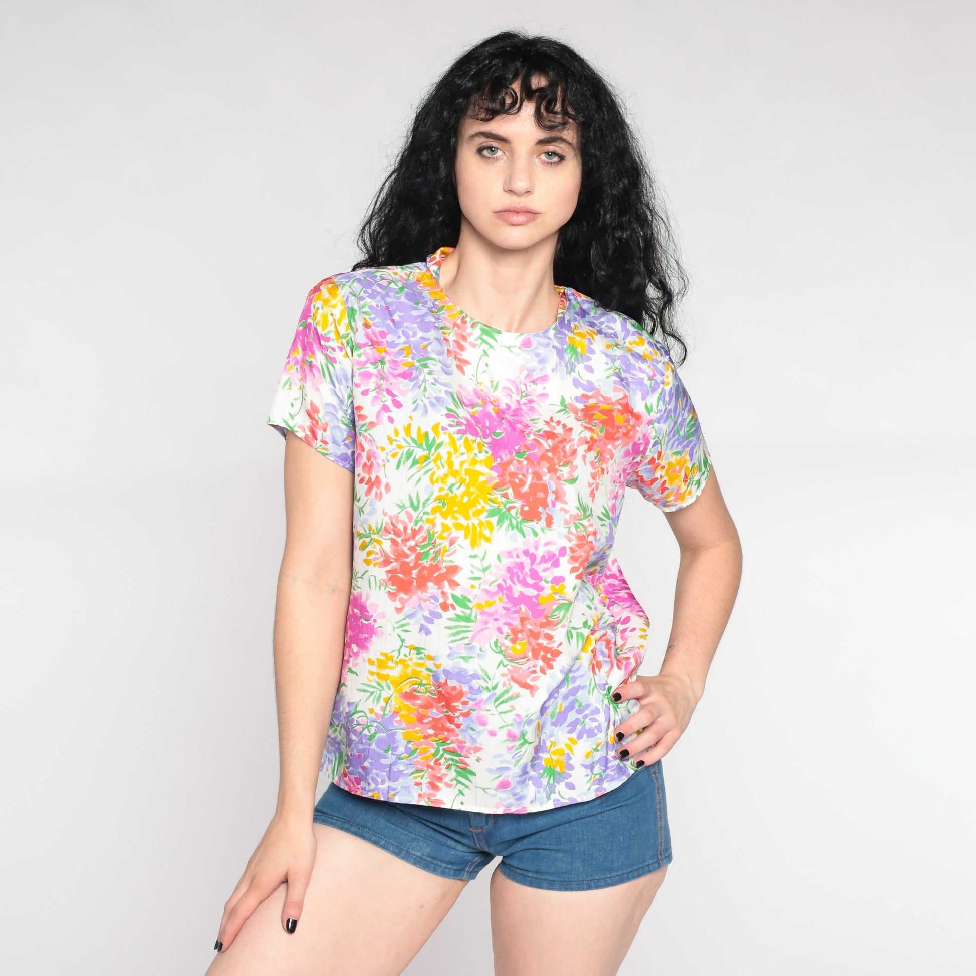 90s White Floral Pullover Blouse Short Sleeve Botanical Print Large L