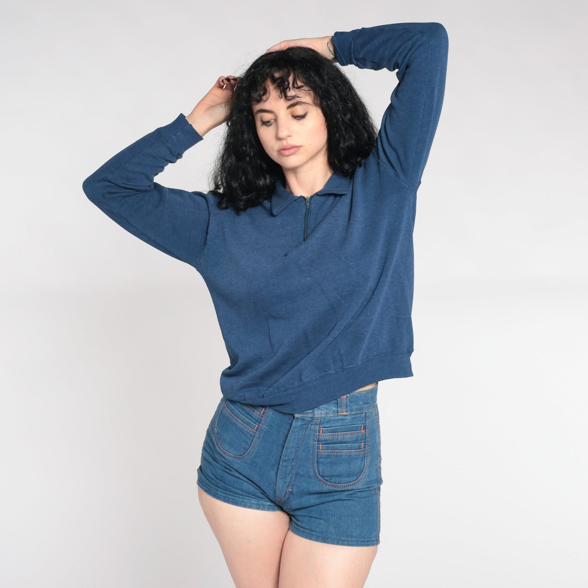 90s Blue Quarter Zip Collared Pullover Sweatshirt Plain Medium M
