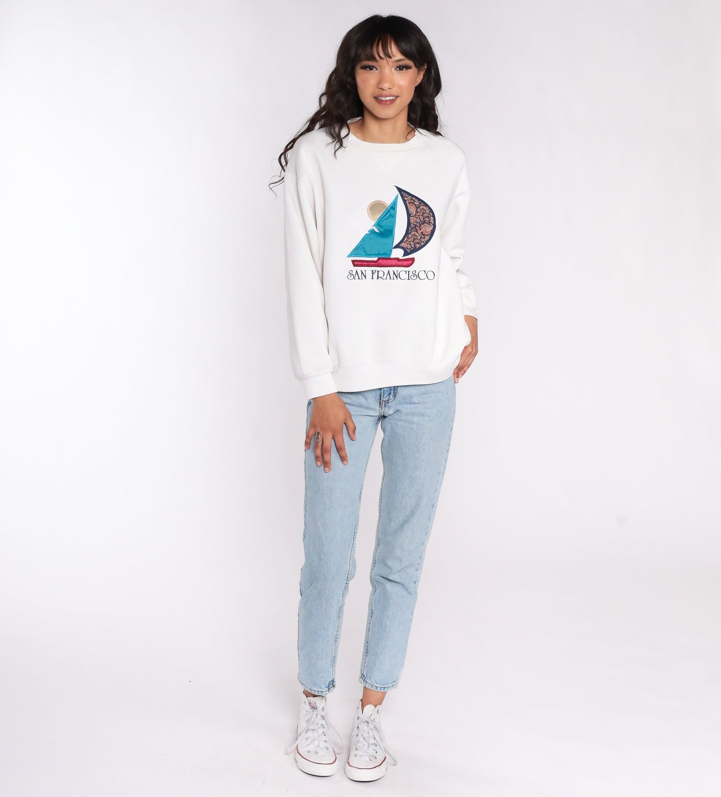90s San Francisco Sailboat Sweatshirt White Nautical Graphic Crewneck Large L