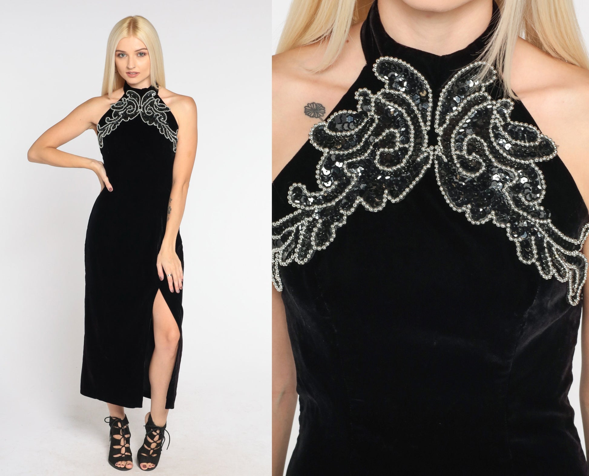 90s Black Velvet Midi Dress Beaded Halter Bodycon Open Back Extra Small