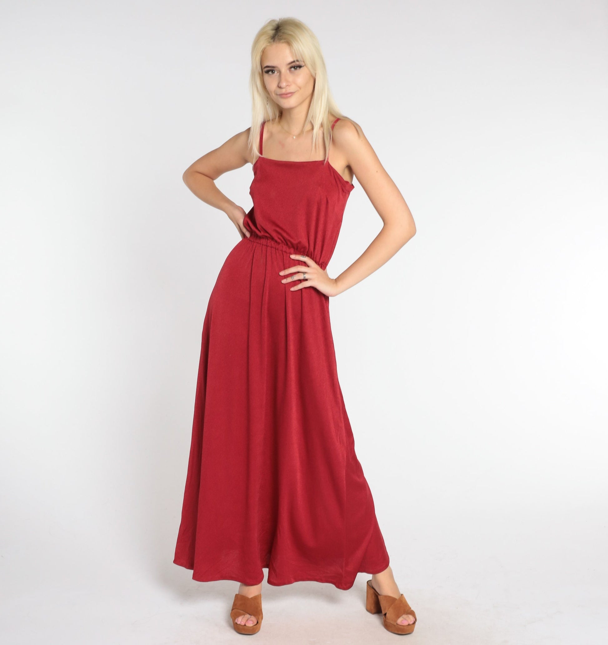 70s Red Maxi Dress Sleeveless High Waist Grecian Gown Small Medium