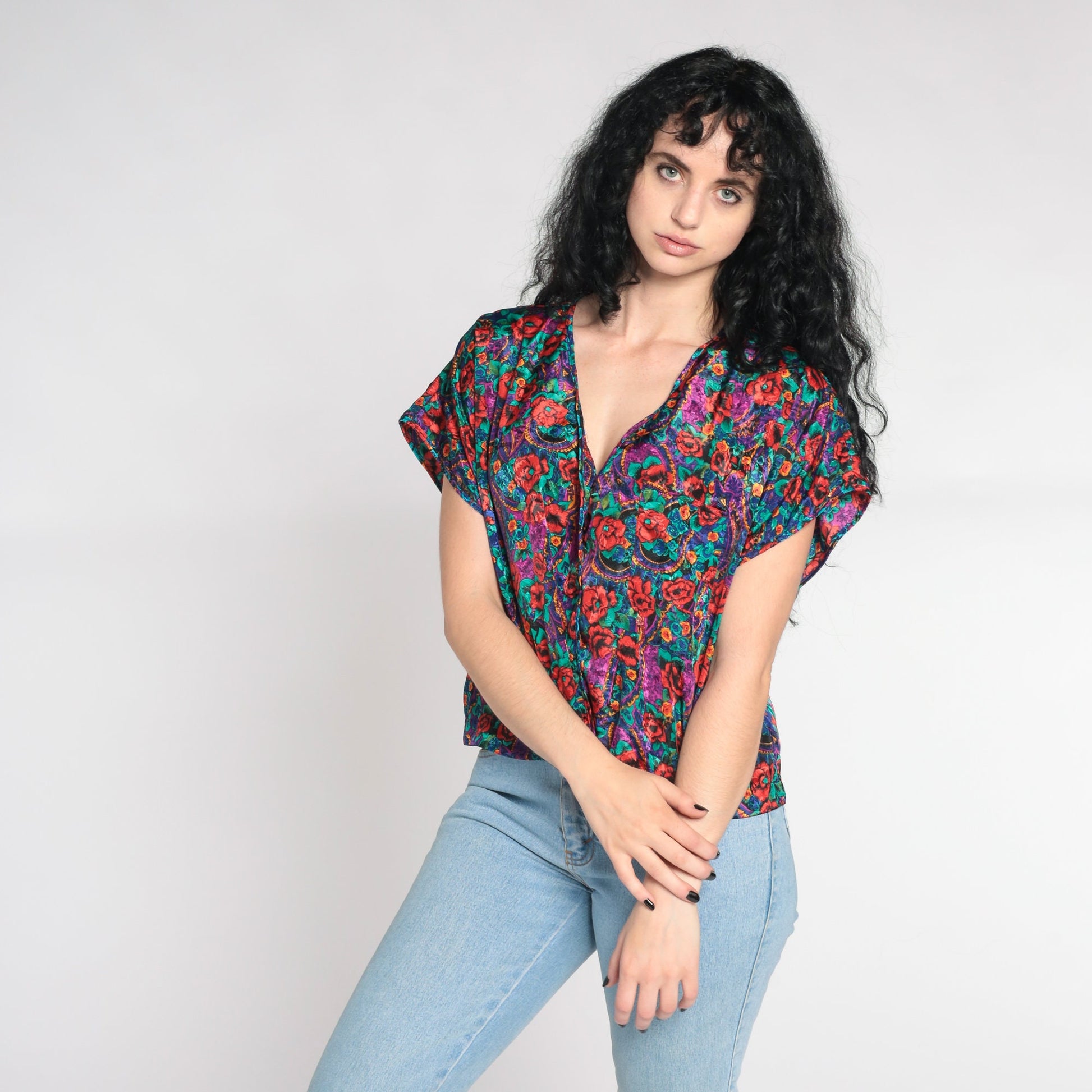 90s Embossed Paisley Floral Satin Pajama Top Button-Up Sleep Shirt Large L