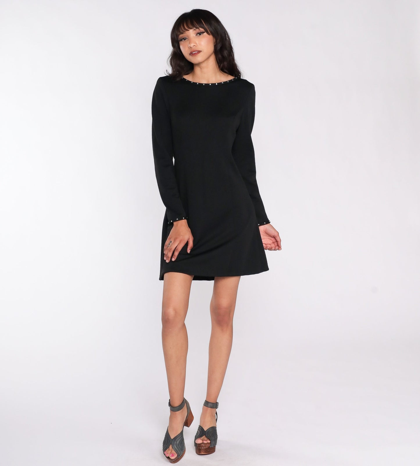 70s Black Mini Dress Rhinestone Low Back Shift Dress Medium