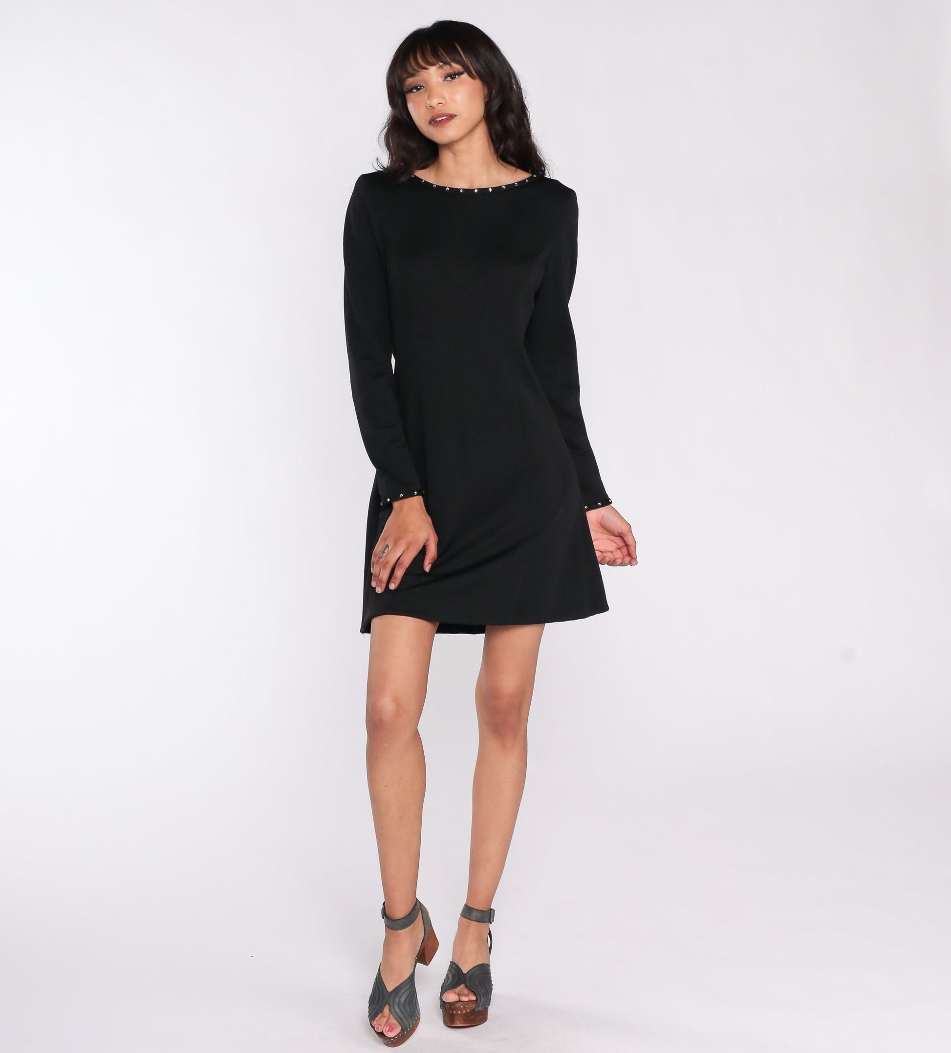70s Black Mini Dress Rhinestone Low Back Shift Dress Medium