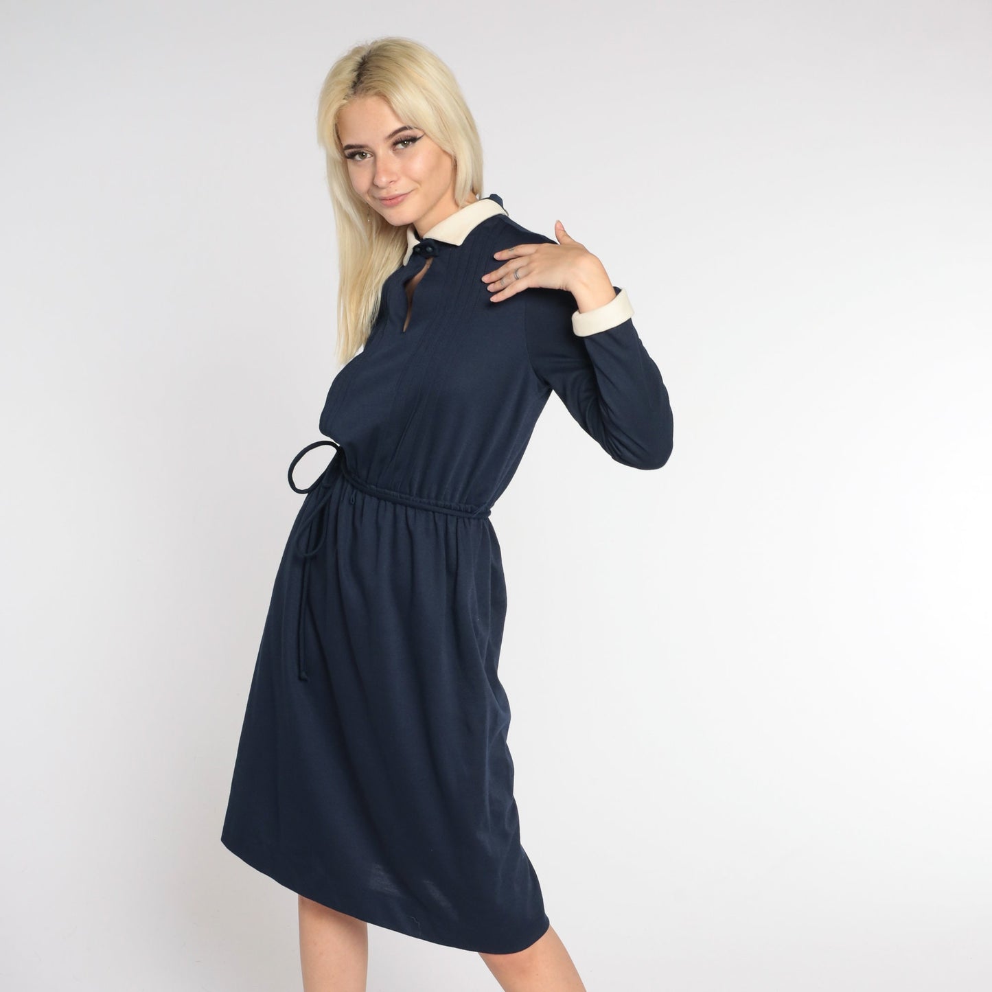 80s Navy Collared Midi Dress Cream Keyhole High Waist Long Sleeve Small