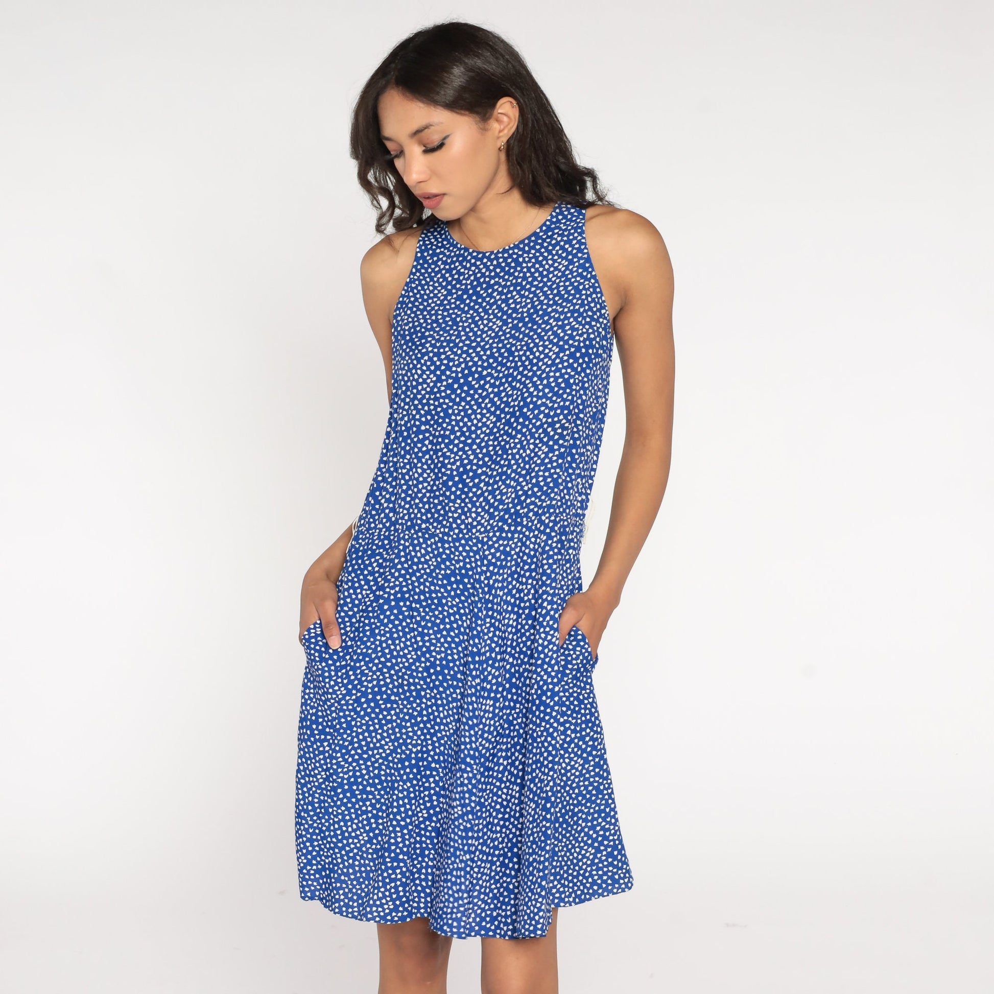 80s Blue Tulip Floral Mini Dress Sleeveless High Waist A-Line Extra Small
