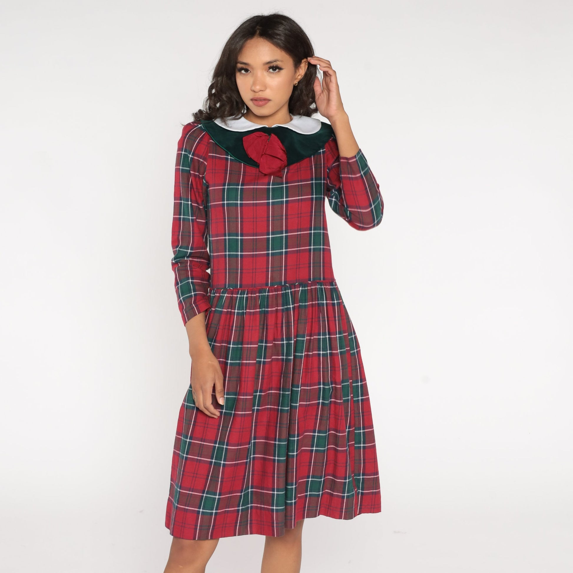 80s Red Plaid Midi Dress Peter Pan Collar Puff Sleeve Drop Waist Extra Small