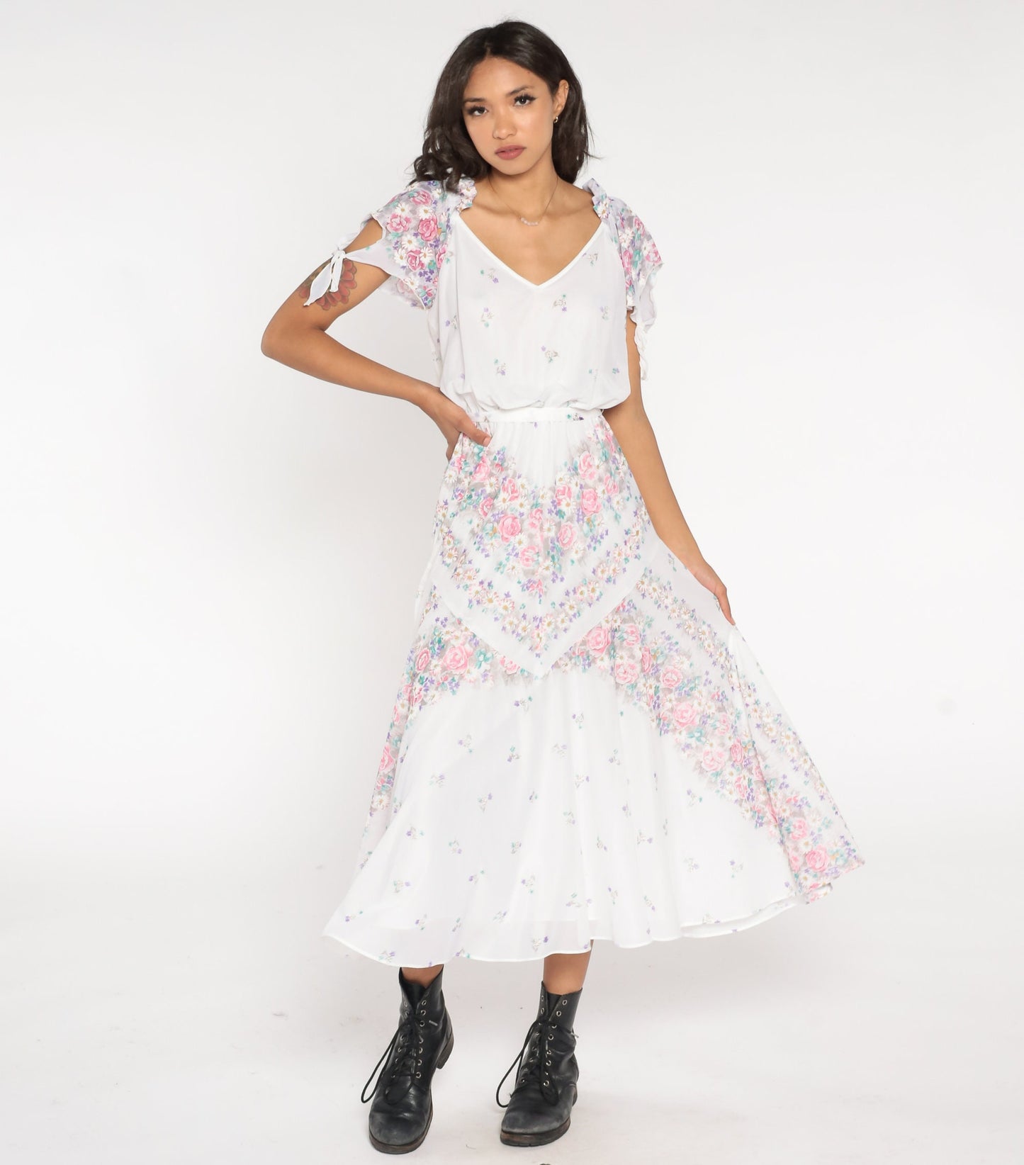 70s Floral Midi Dress White Print Flutter Sleeve Tie Waist Small Medium