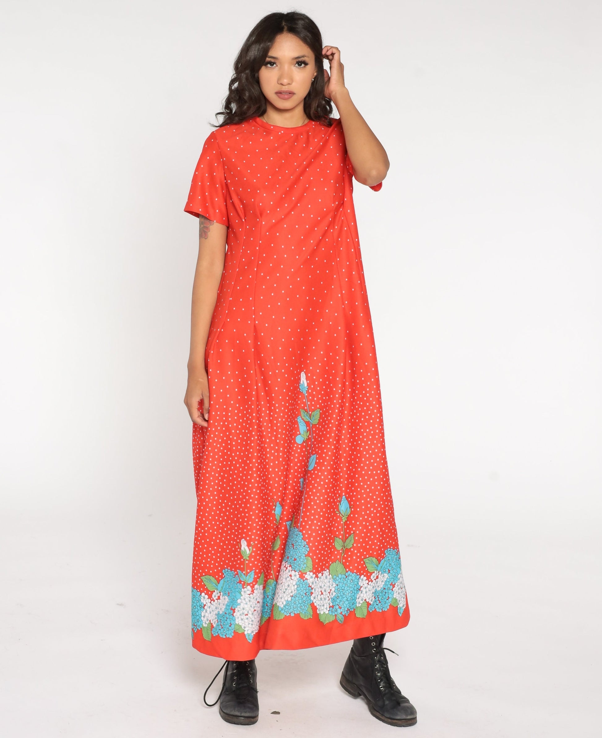 70s Red Floral Hydrangea Dot Print Maxi Dress Jacket Two Piece Set Large L