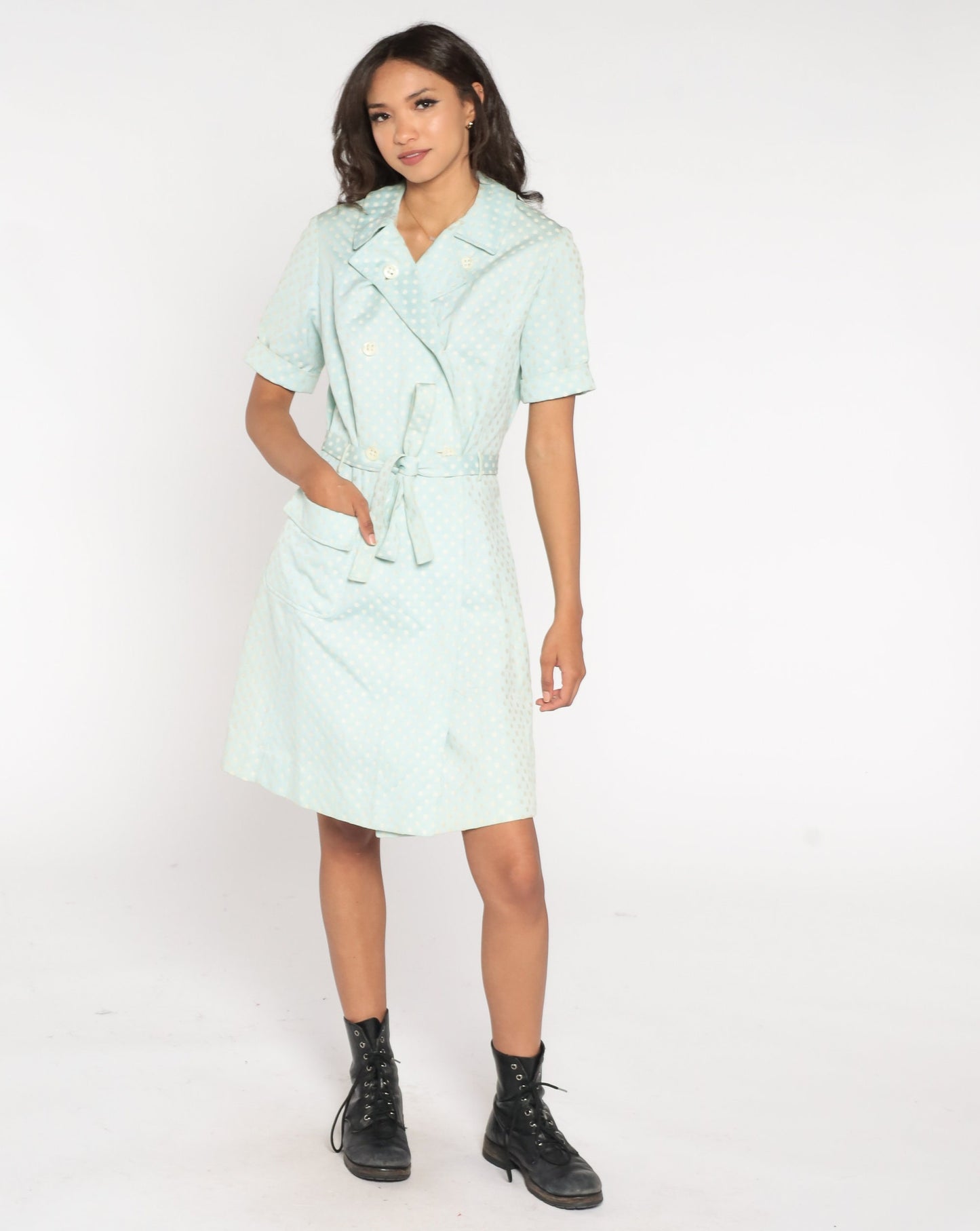 60s Baby Blue Polka Dot Mini Dress Double Breasted Button Up High Waist Medium