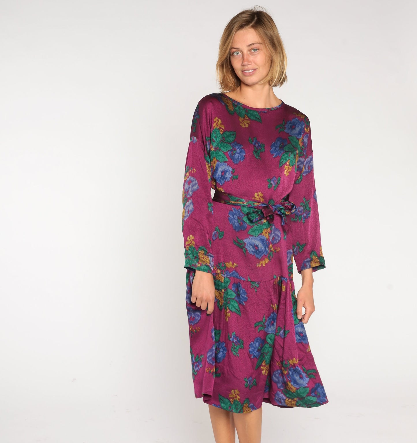 90s Purple Floral Midi Dress Long Sleeve Tie Belt Medium