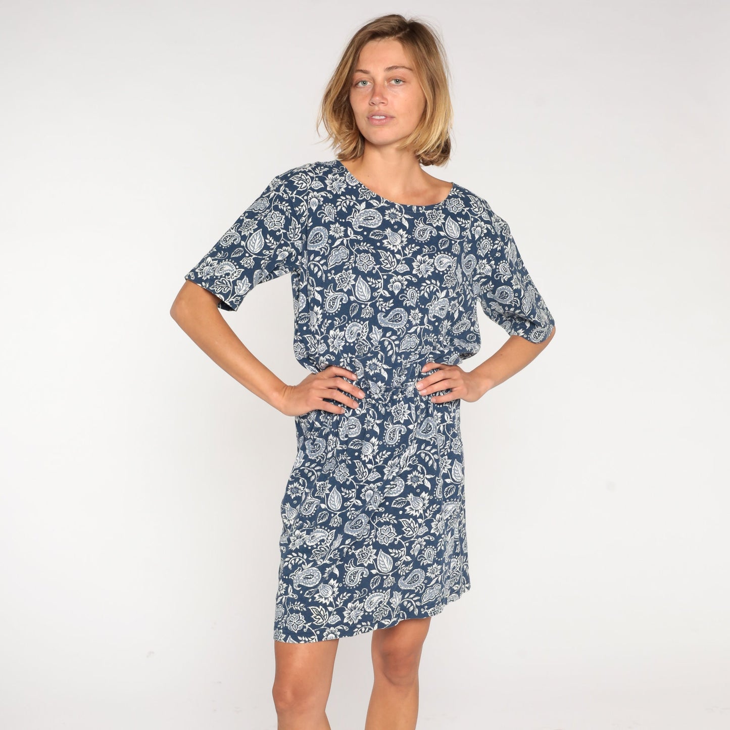00s Blue Paisley Floral Mini Dress High Waist Cotton Short Sleeve Medium M