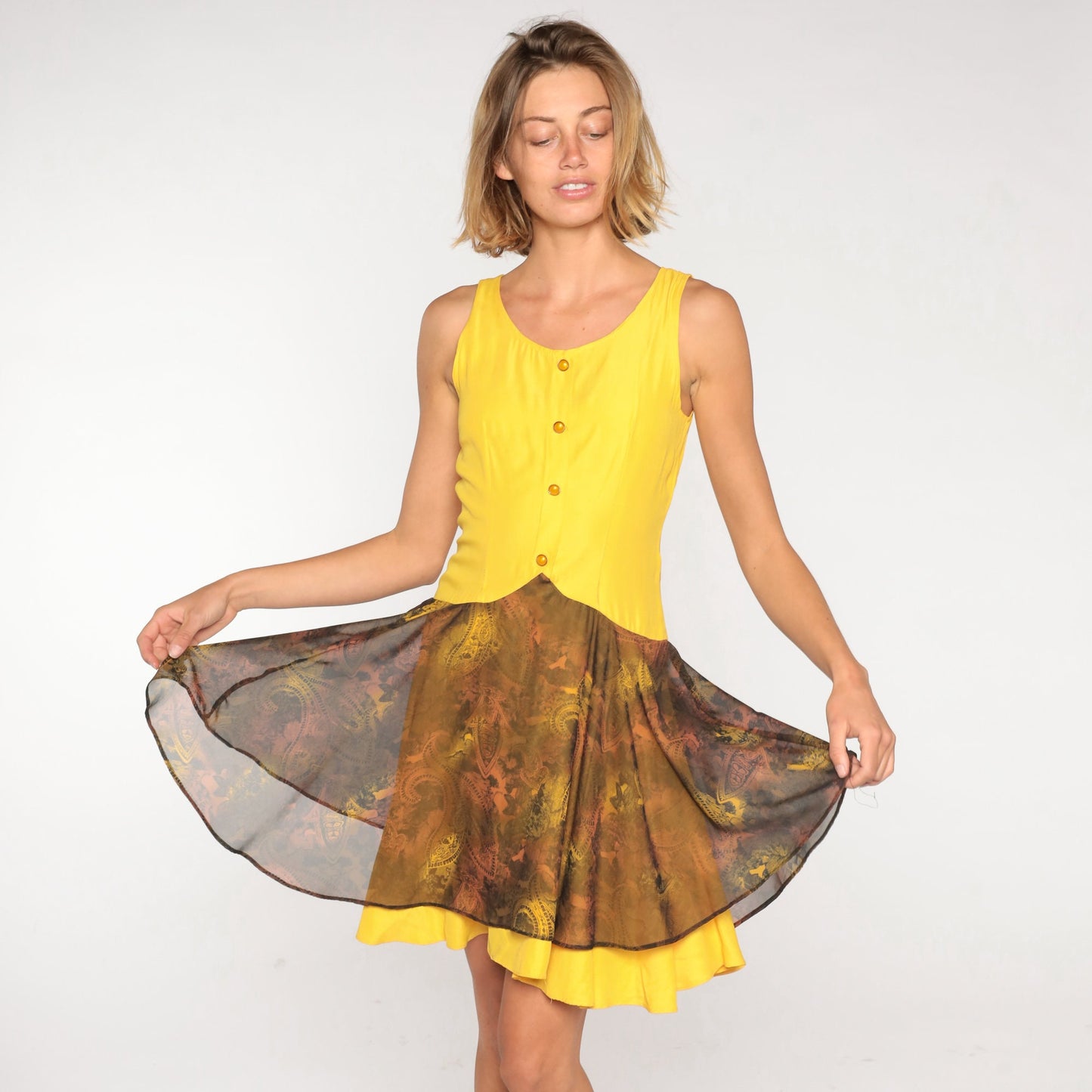 90s Yellow Paisley Mini Dress Sleeveless Button-Up Flowy Layered Extra Small