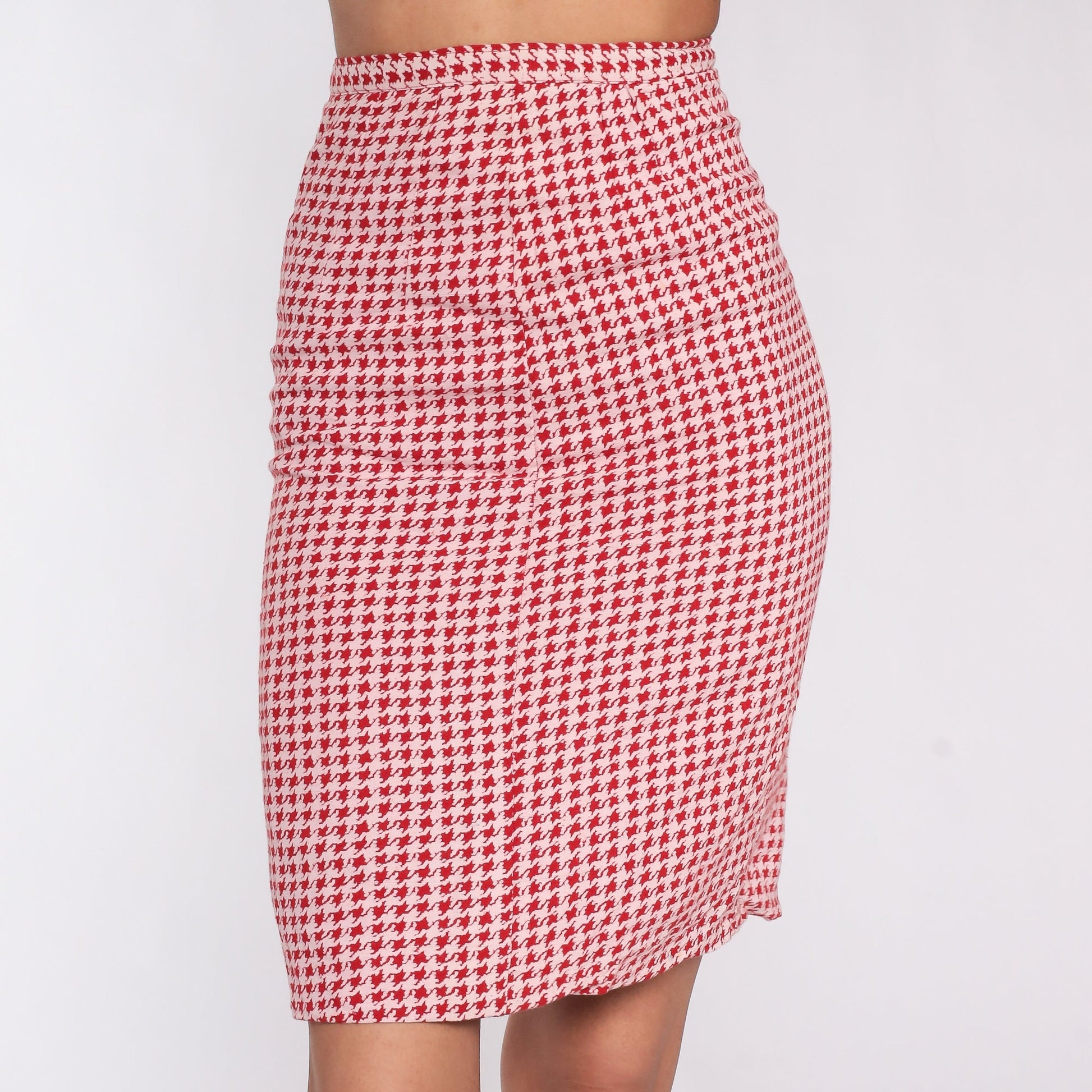 60s Red Houndstooth Pencil Mini Skirt High Waist Checkered Extra Small XS