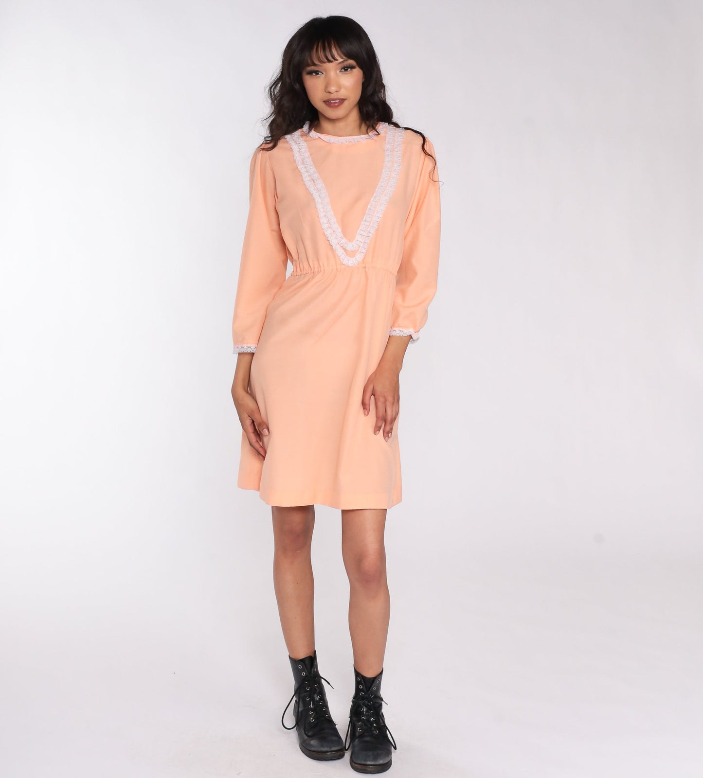 70s Peach Lace Mini Dress Puff Sleeve High Waist Medium