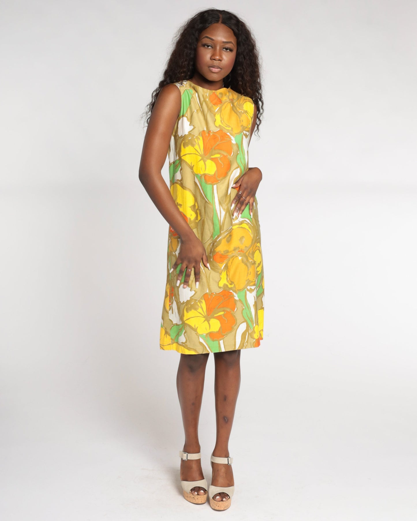 60s Mod Floral Shift Dress Knee Length Orange Green Tan Cotton Small