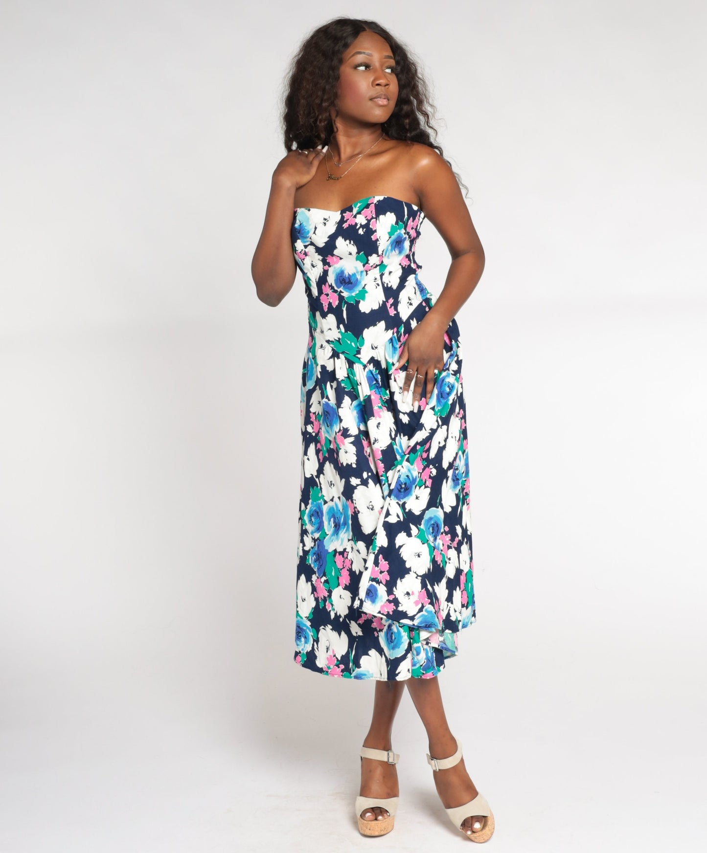 80s Floral Strapless Midi Dress Smocked Sweetheart Neckline Navy Rose Print Medium