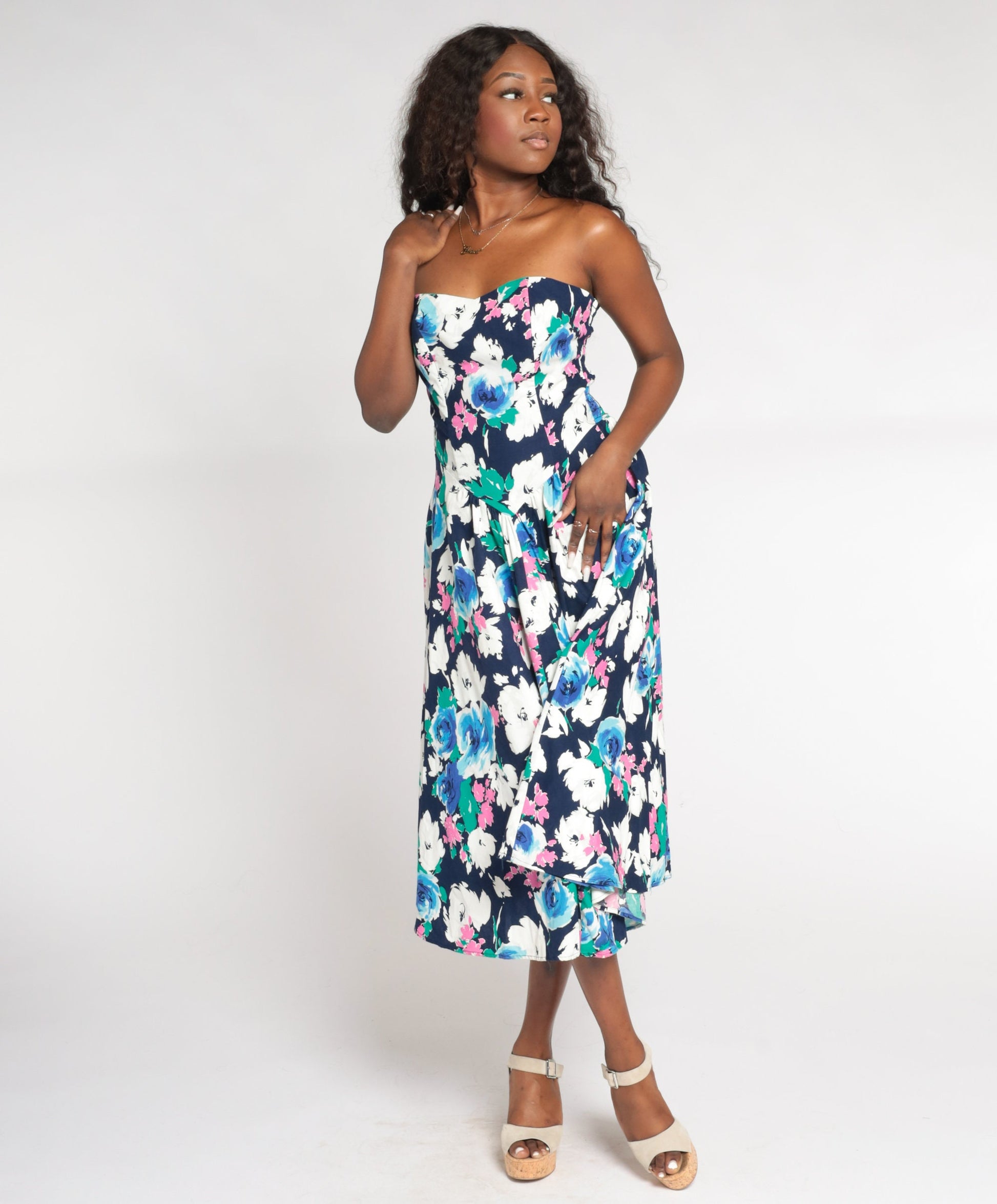 80s Floral Strapless Midi Dress Smocked Sweetheart Neckline Navy Rose Print Medium