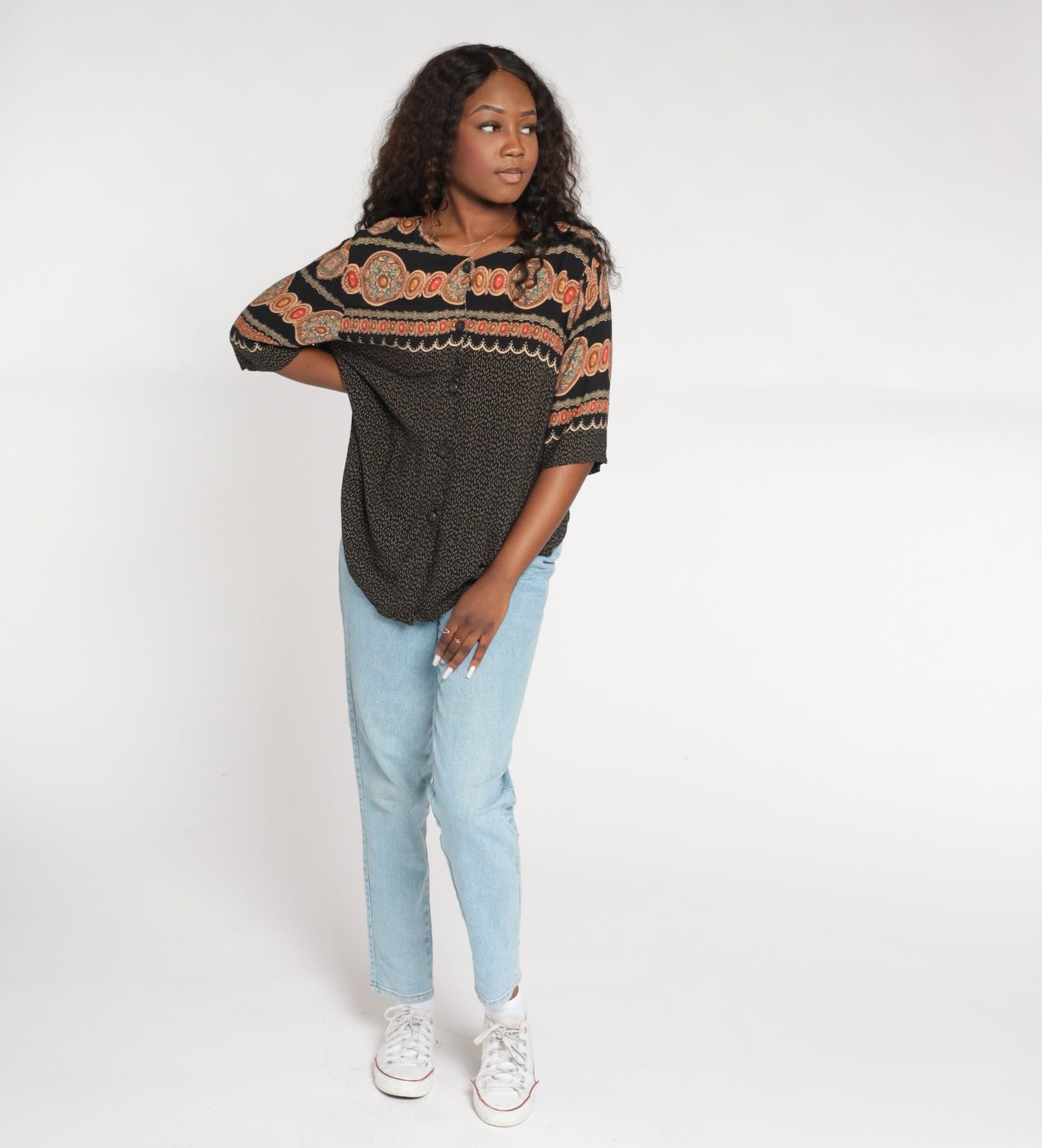 90s Black Abstract Medallion Print Button Up Shirt Rayon Short Sleeve Large L