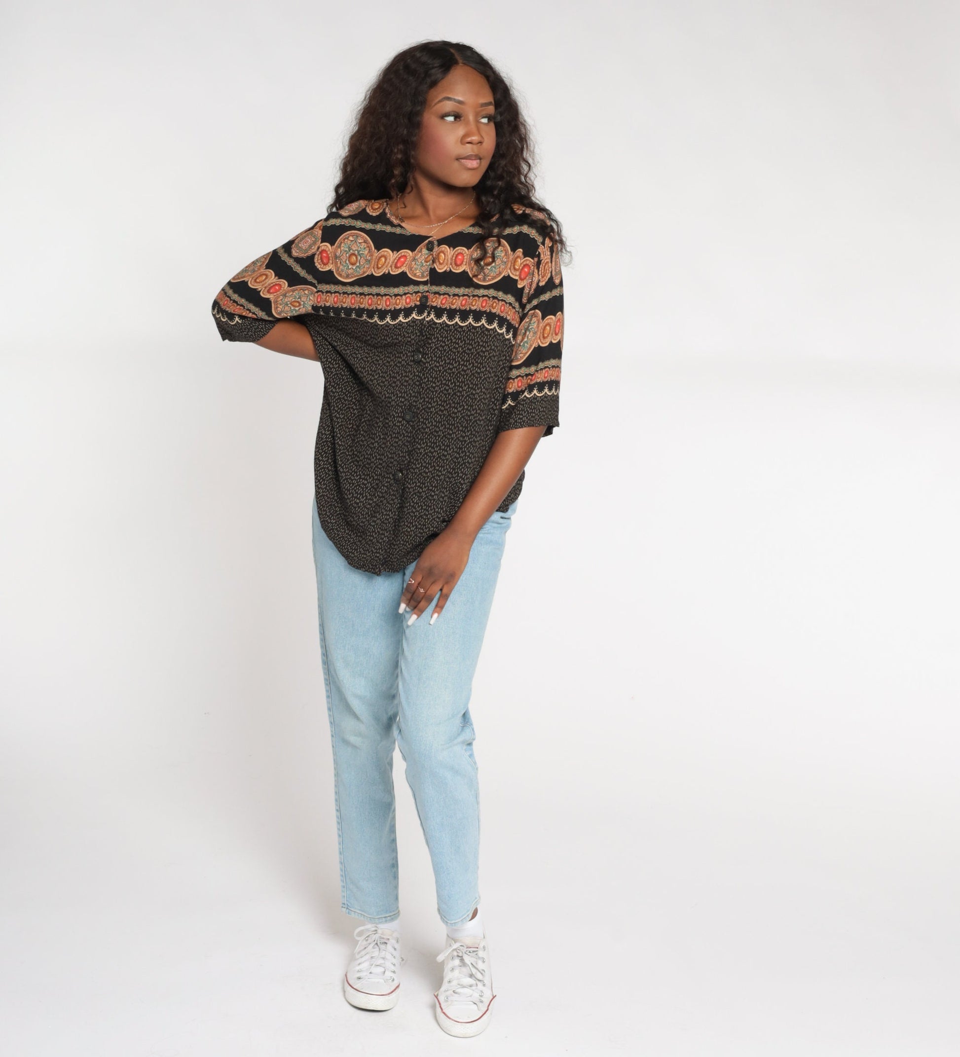 90s Black Abstract Medallion Print Button Up Shirt Rayon Short Sleeve Large L