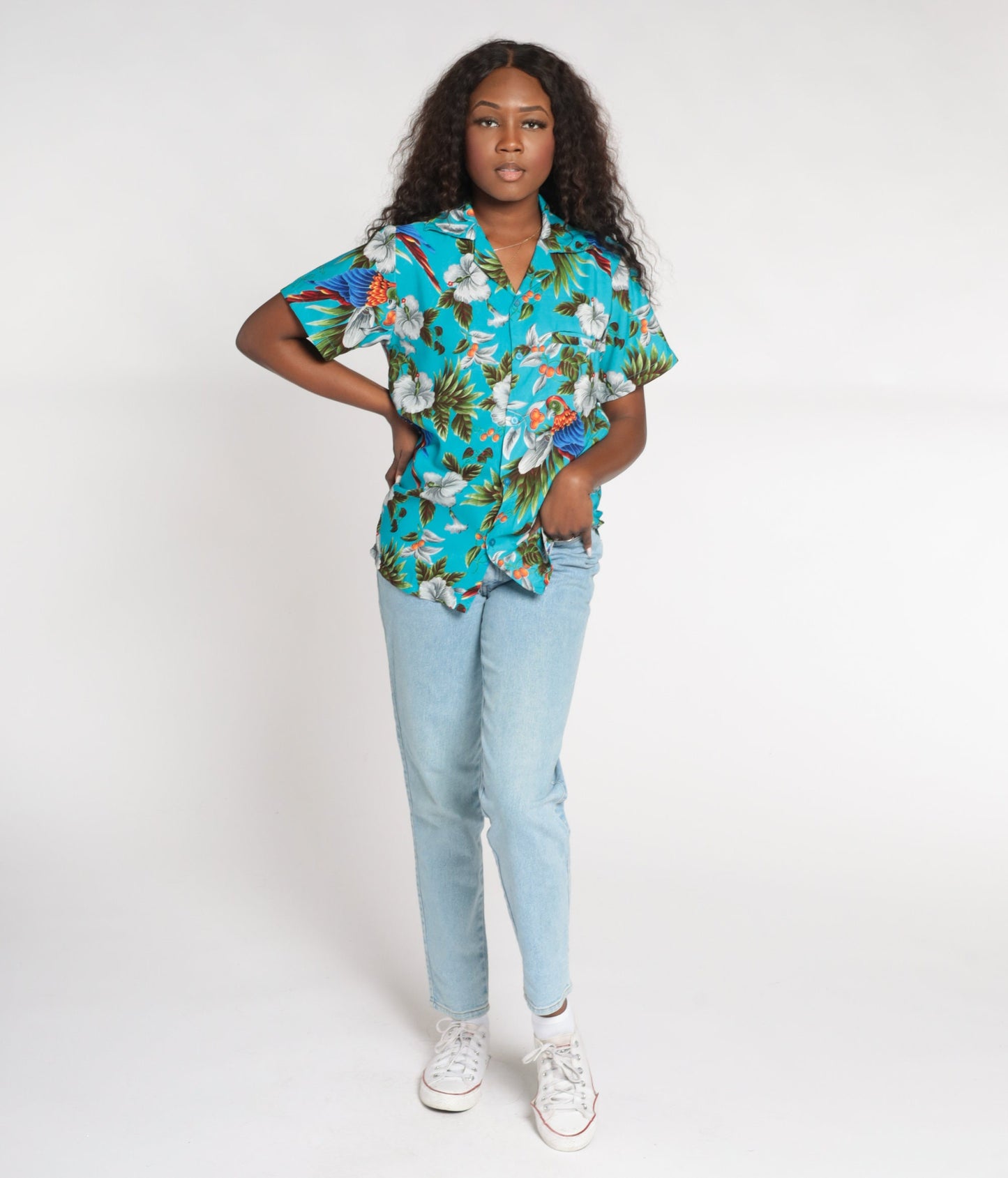 Y2K Blue Hawaiian Button-Up Shirt Parrot Tropical Floral Print Small S