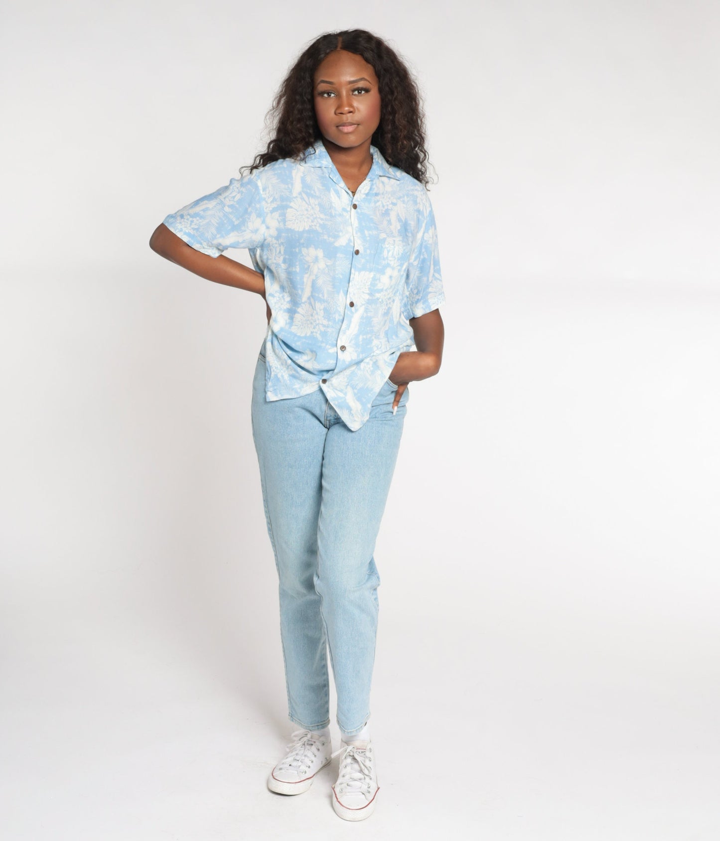 Y2K Blue Hawaiian Shirt Tropical Floral Leaf Print Button Up Small S