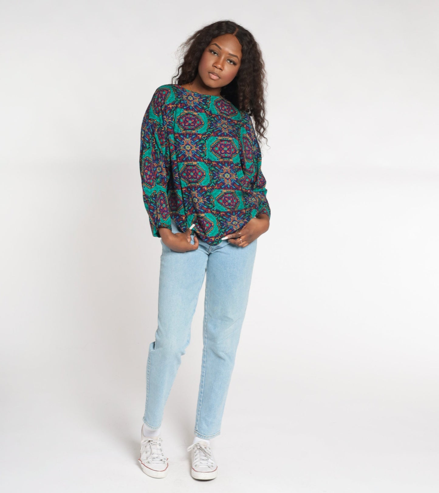 90s Geometric Tile Print Rayon Blouse Long Sleeve Medallion Top Medium
