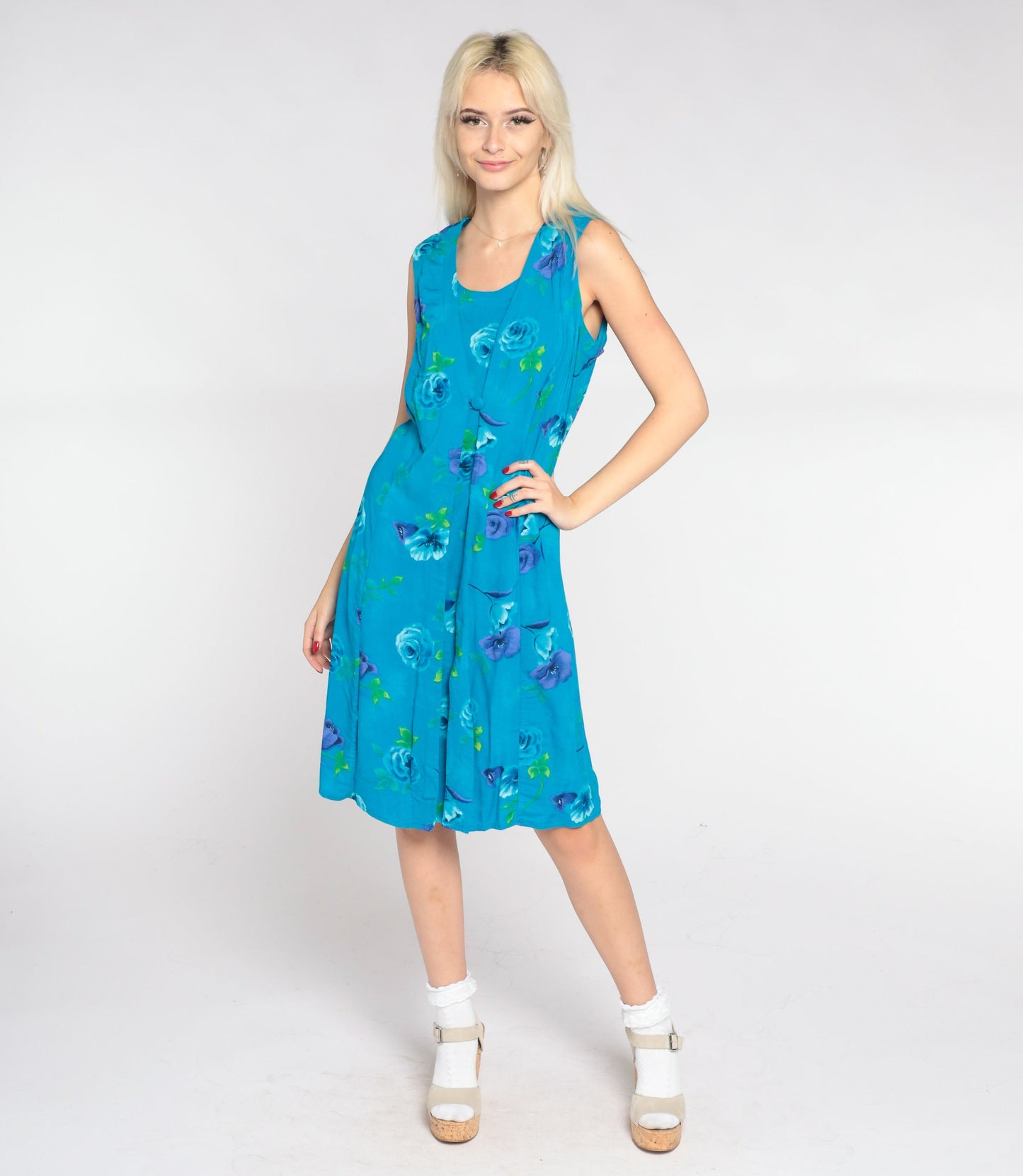 90s Blue Floral Mini Dress Sleeveless A-Line Scoop Neck Large Petite