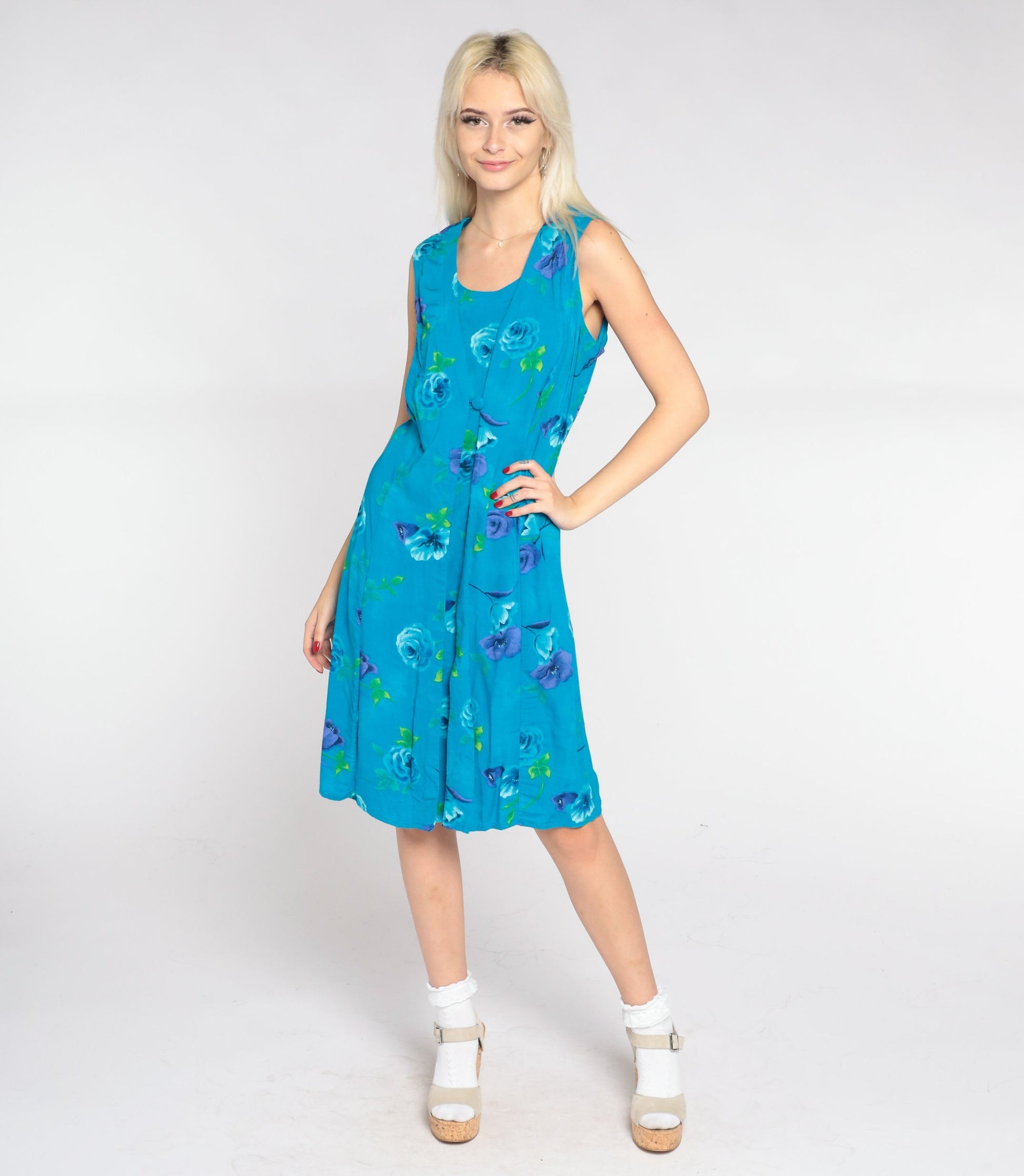 90s Blue Floral Mini Dress Sleeveless A-Line Scoop Neck Large Petite