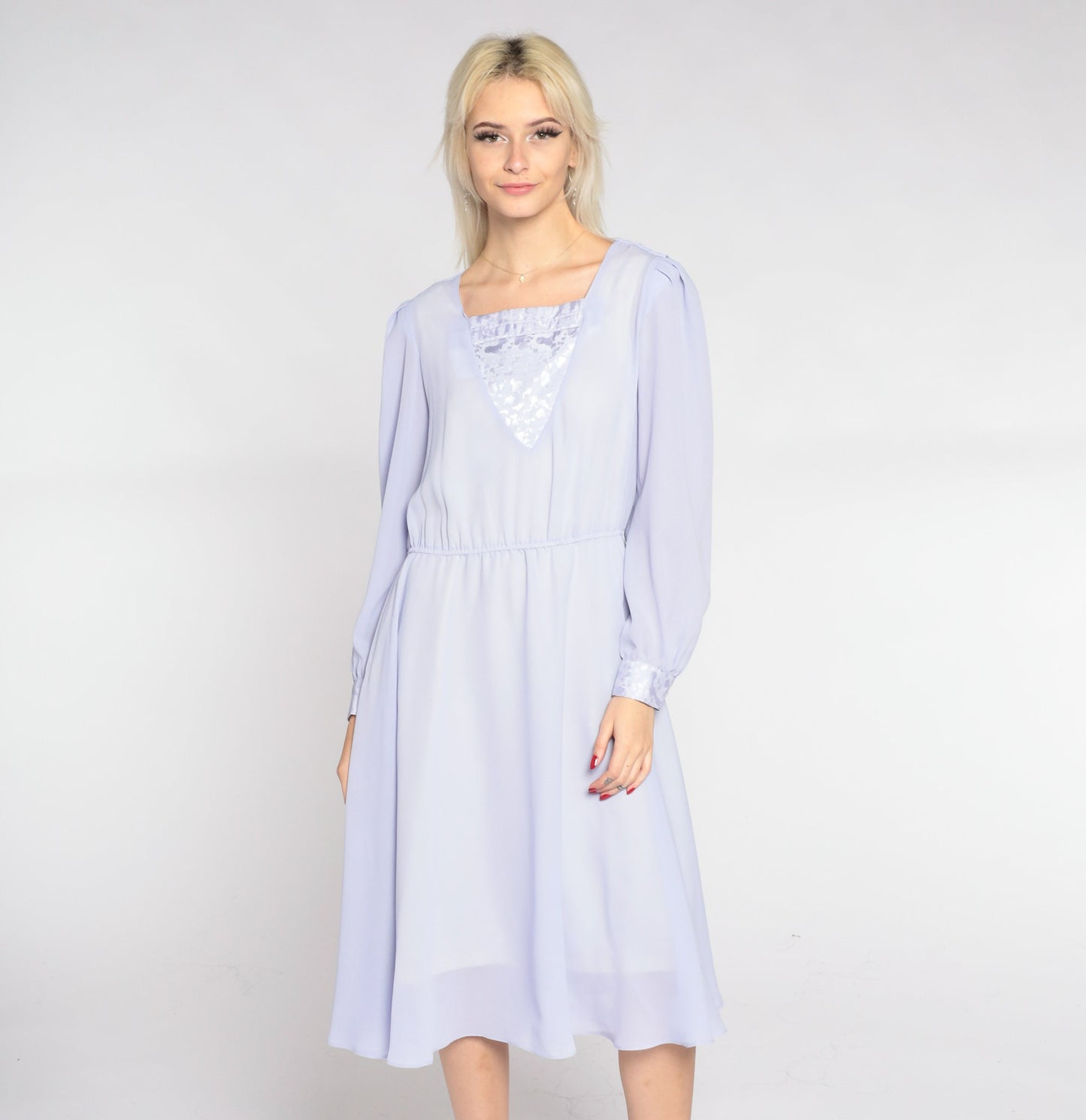 80s Hal Ferman Lavender Midi Dress High Waist Long Sleeve Draped Small