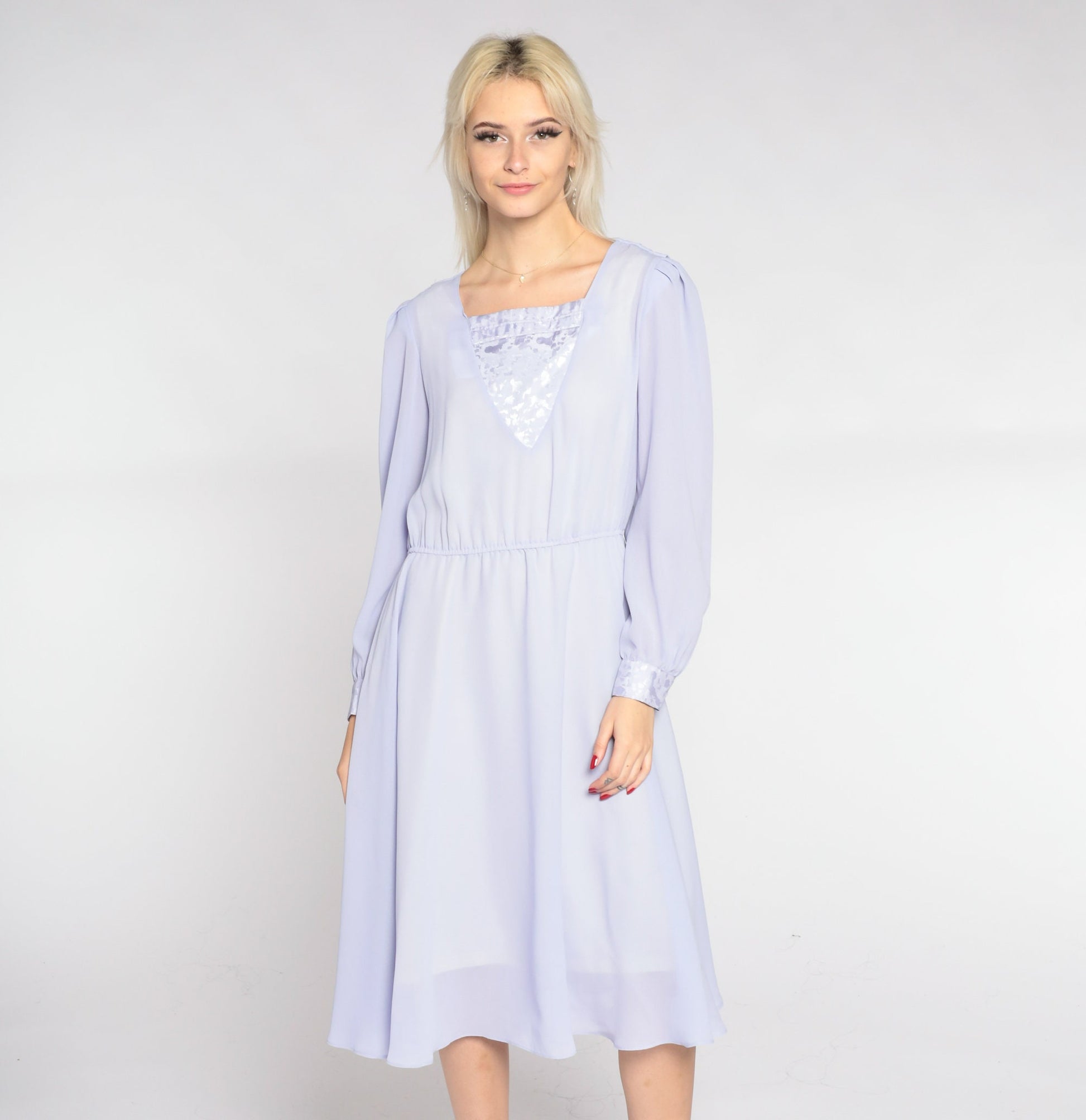 80s Hal Ferman Lavender Midi Dress High Waist Long Sleeve Draped Small