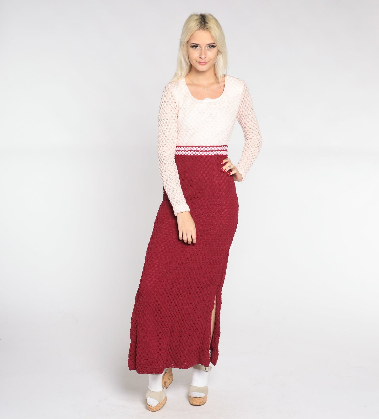 70s Crochet Maxi Dress Burgundy White High Waist Long Sleeve Small