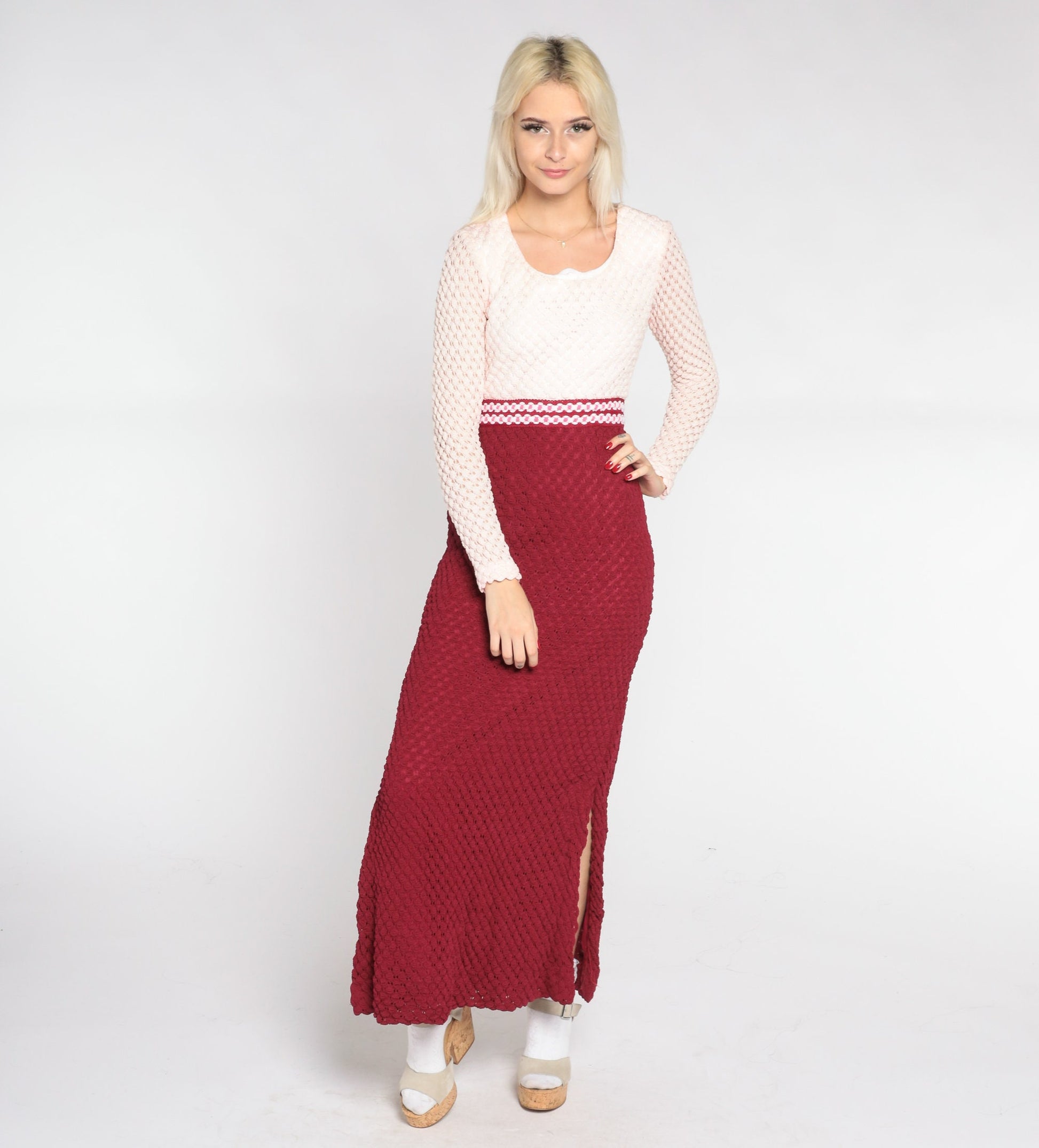 70s Crochet Maxi Dress Burgundy White High Waist Long Sleeve Small