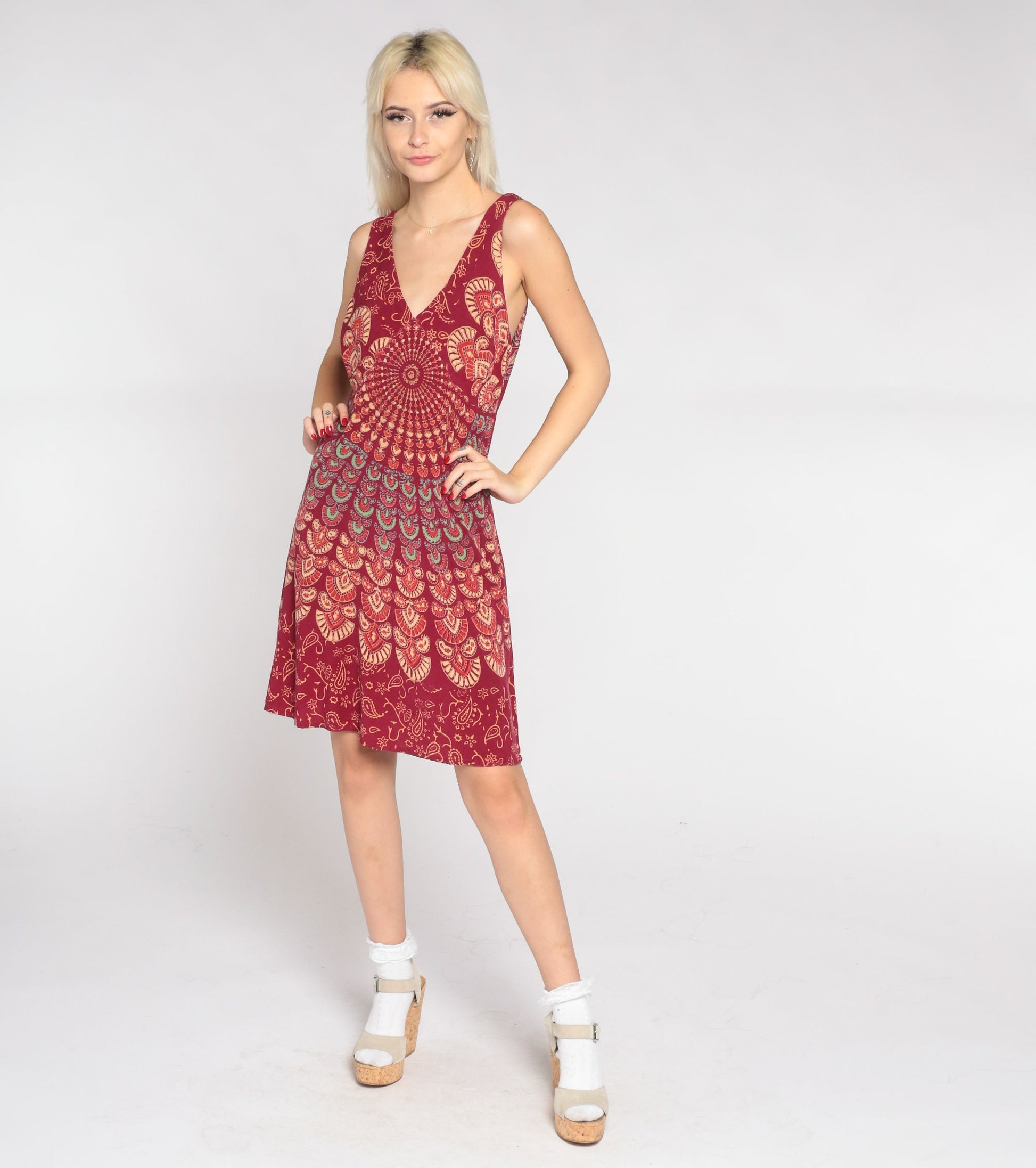 90s Red Mandala Floral Mini Dress V-Neck Empire Waist Sleeveless Large L