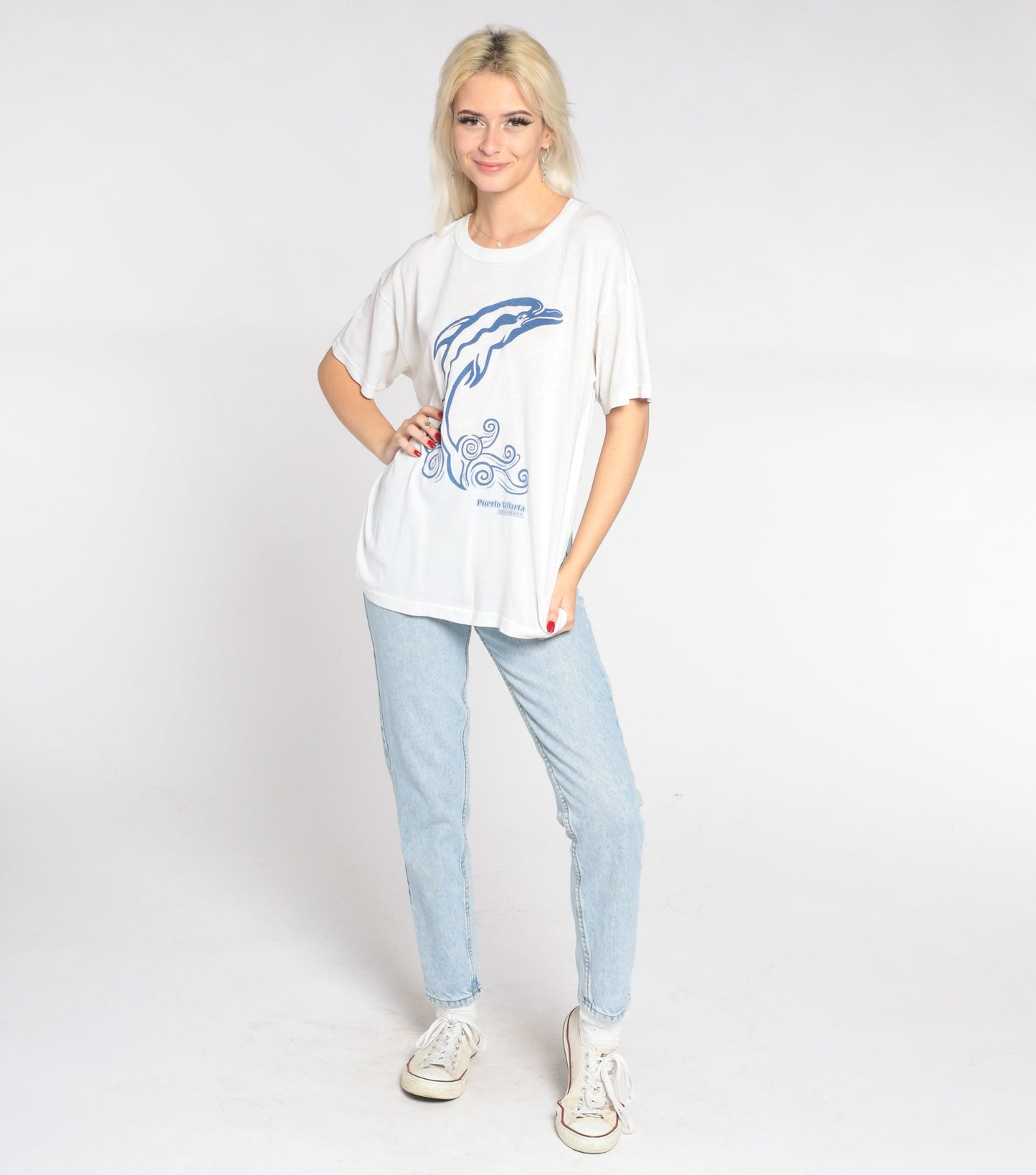 90s Dolphin Puerto Vallarta Mexico Graphic T-Shirt White Cotton Large L