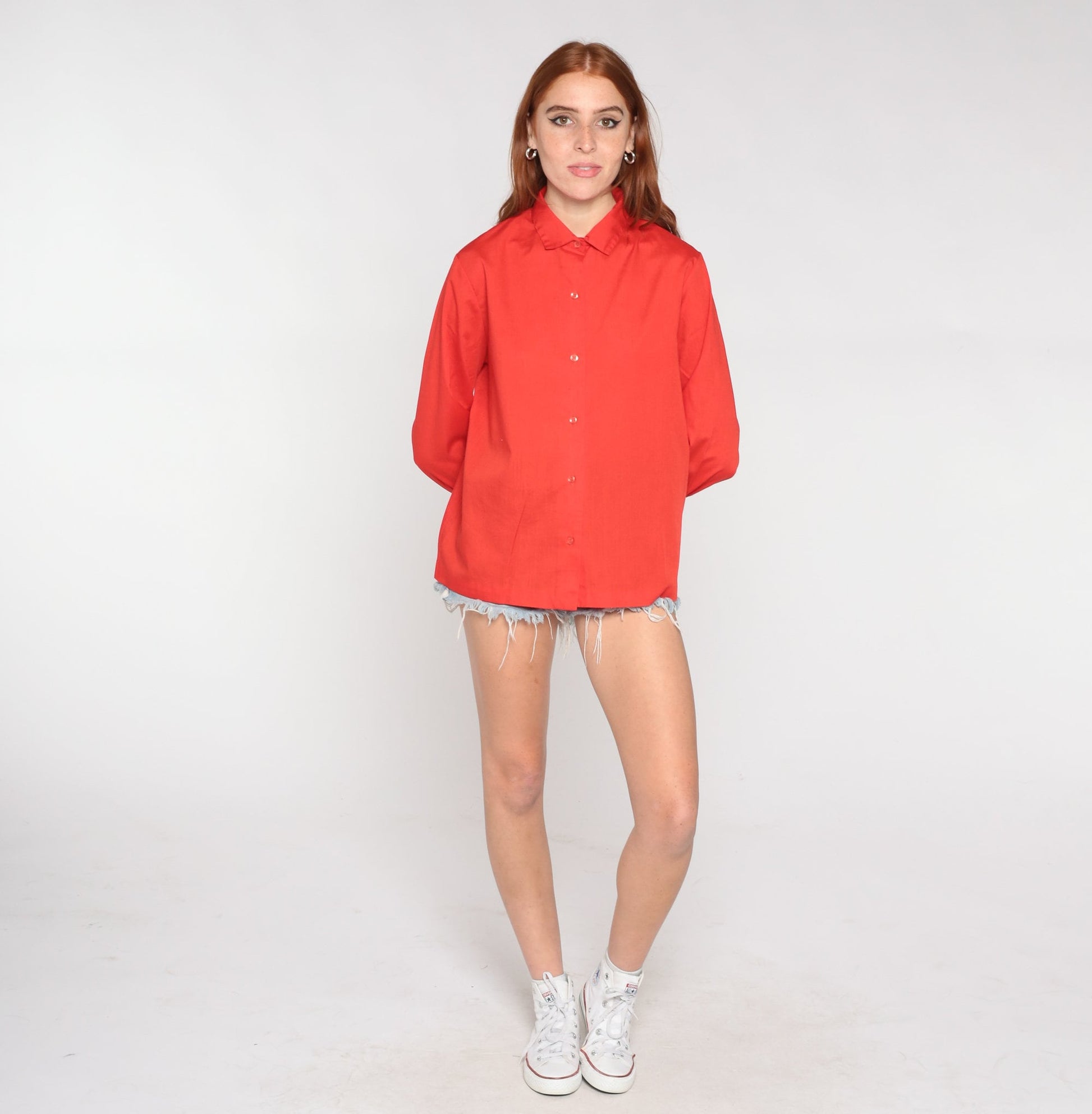 80s Red Button-Up Blouse Collared Long Sleeve Shirt Medium