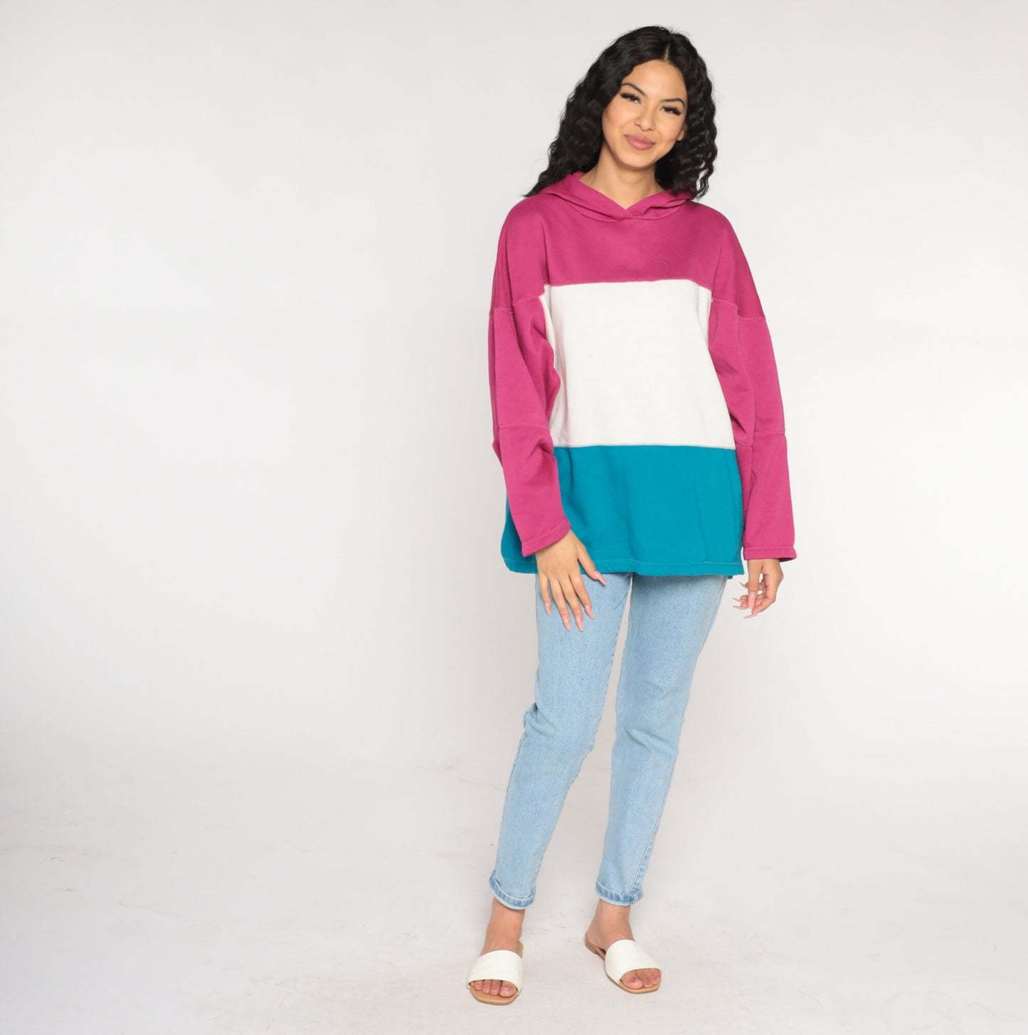 90s Color Block Hoodie White Pink Blue Striped Sweatshirt Large L