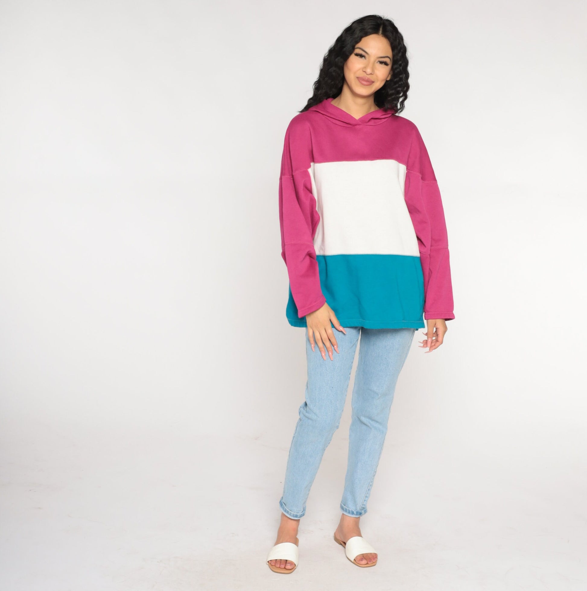 90s Color Block Hoodie White Pink Blue Striped Sweatshirt Large L