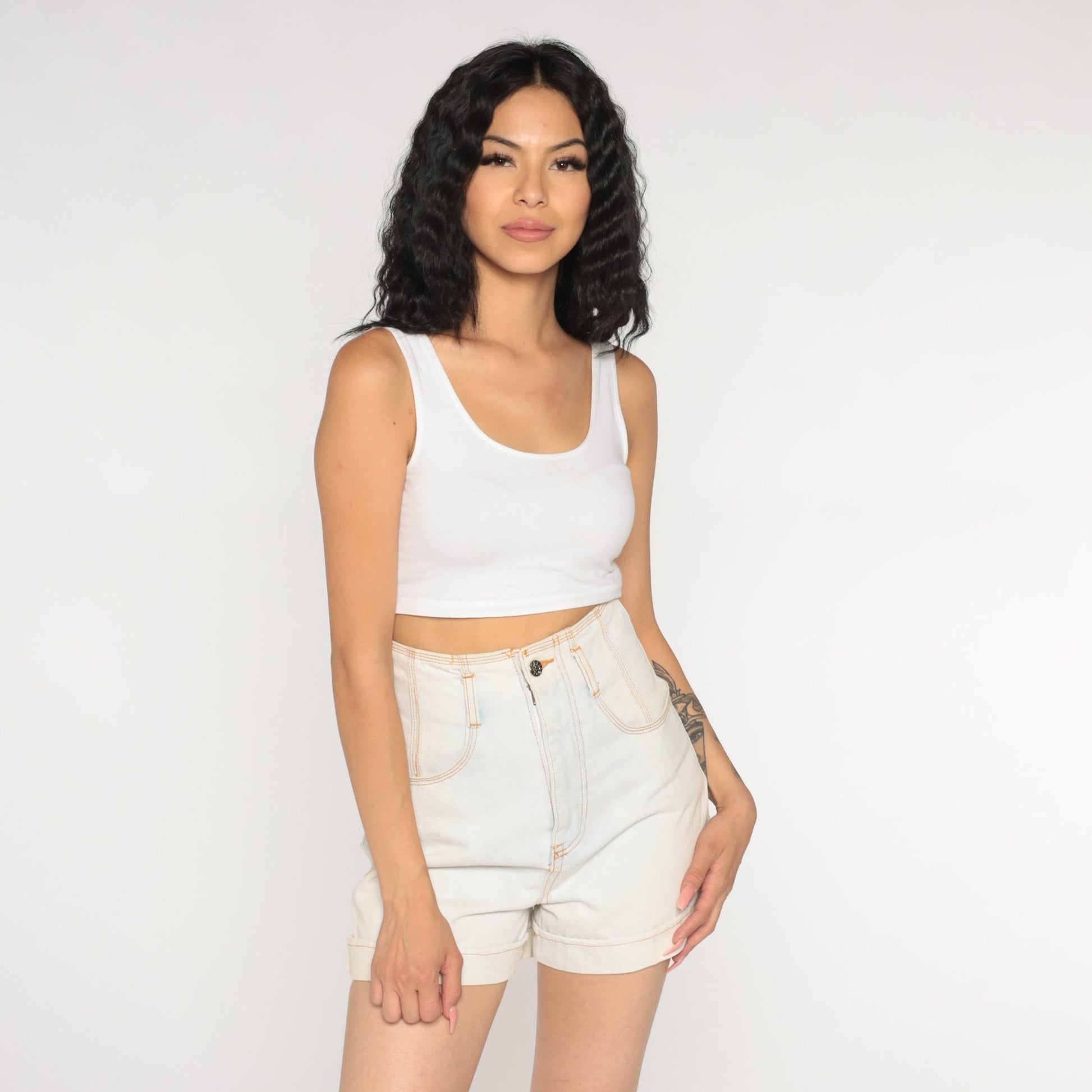 90s Off White Denim Shorts Ultra High Rise Southwestern Stitching Small