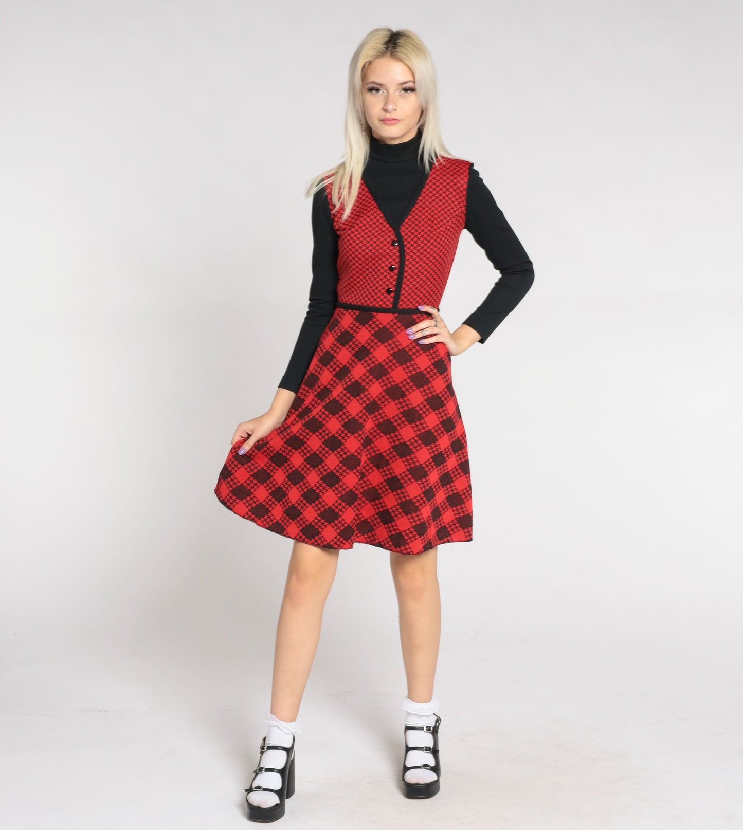 70s Red Checkered Mini Dress Black Turtleneck Attached Sleeves Extra Small