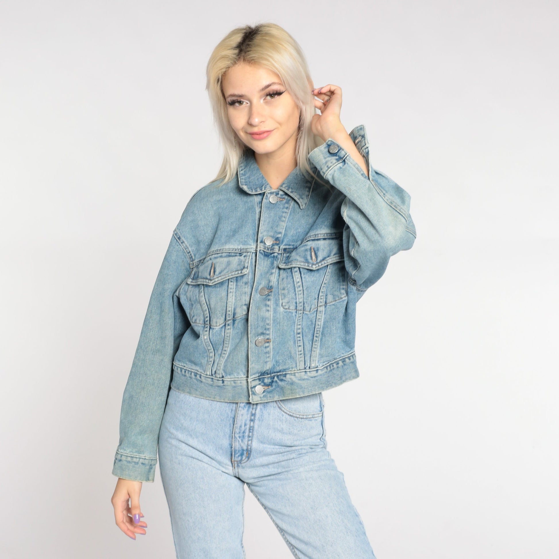 90s Guess Denim Jacket Blue Cropped Jean Coat Small S