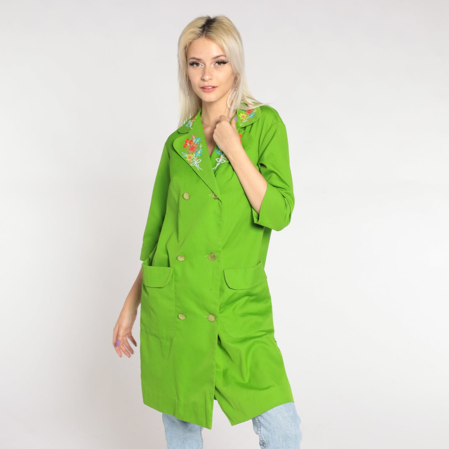 60s Lime Green Floral Embroidered Trench Coat Double Breasted 3/4 Sleeve Small