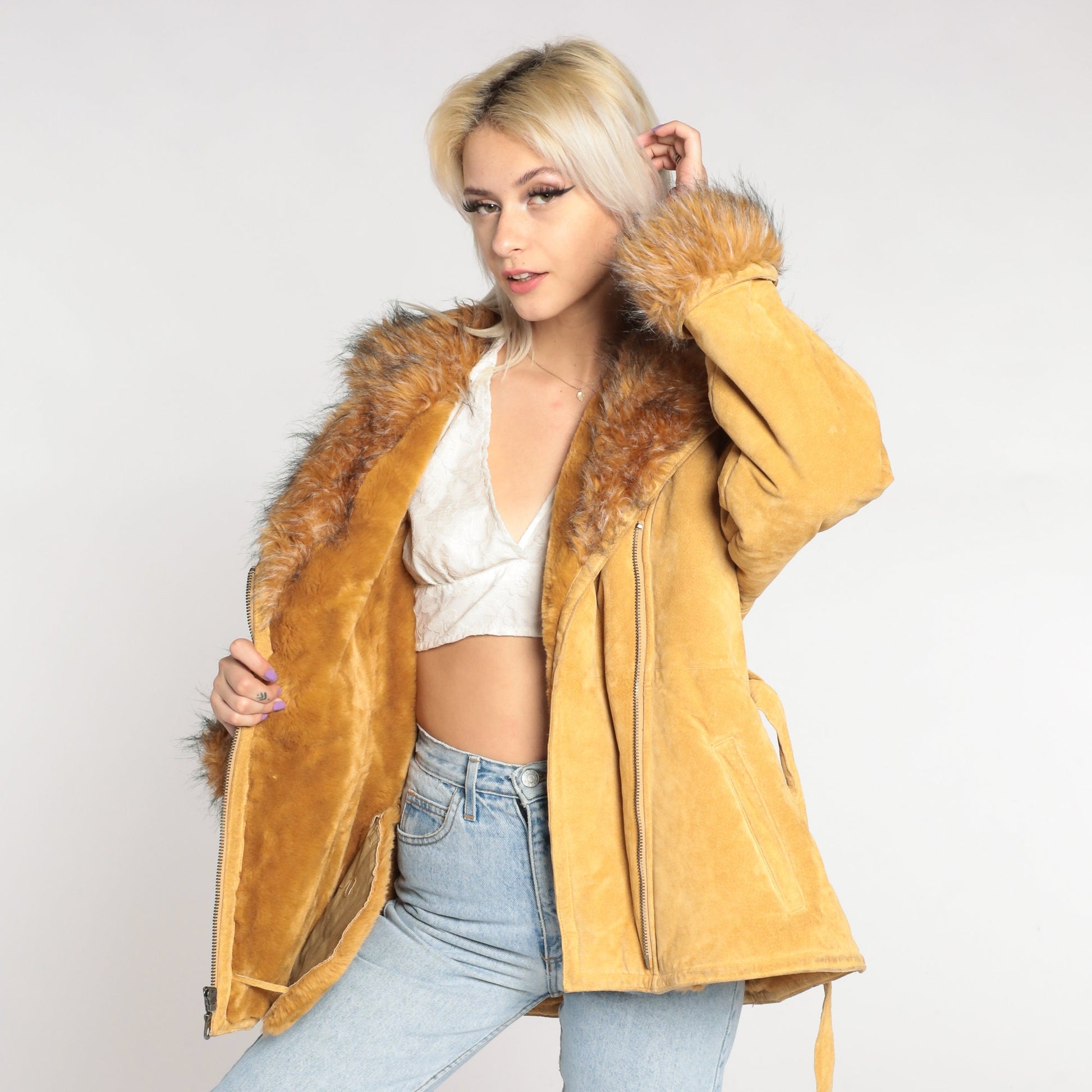 70s Suede Hooded Jacket Faux Fur Trim Belted Tan Leather Large L