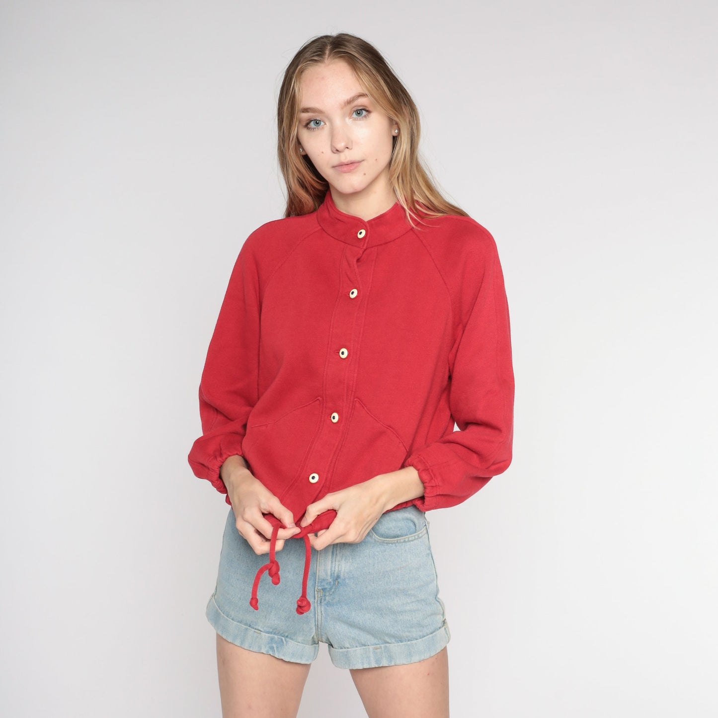 90s Red Cardigan Sweatshirt High Neck Raglan Button Up Small S