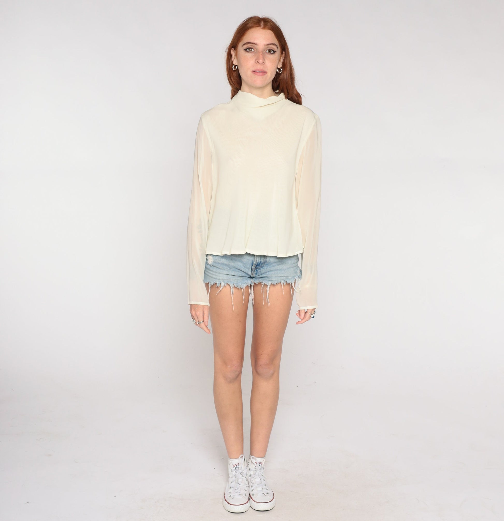 90s Cream Chiffon Mock Neck Blouse Sheer Long Sleeve Party Top Medium