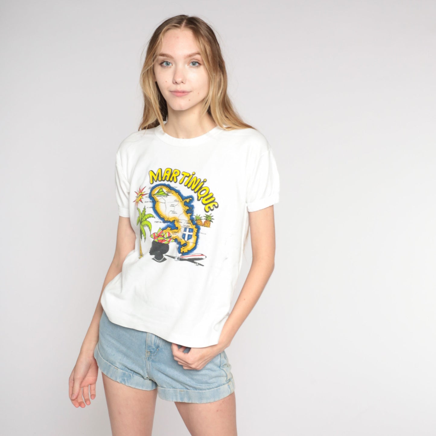 80s Martinique Map Graphic T-Shirt Single Stitch White Small