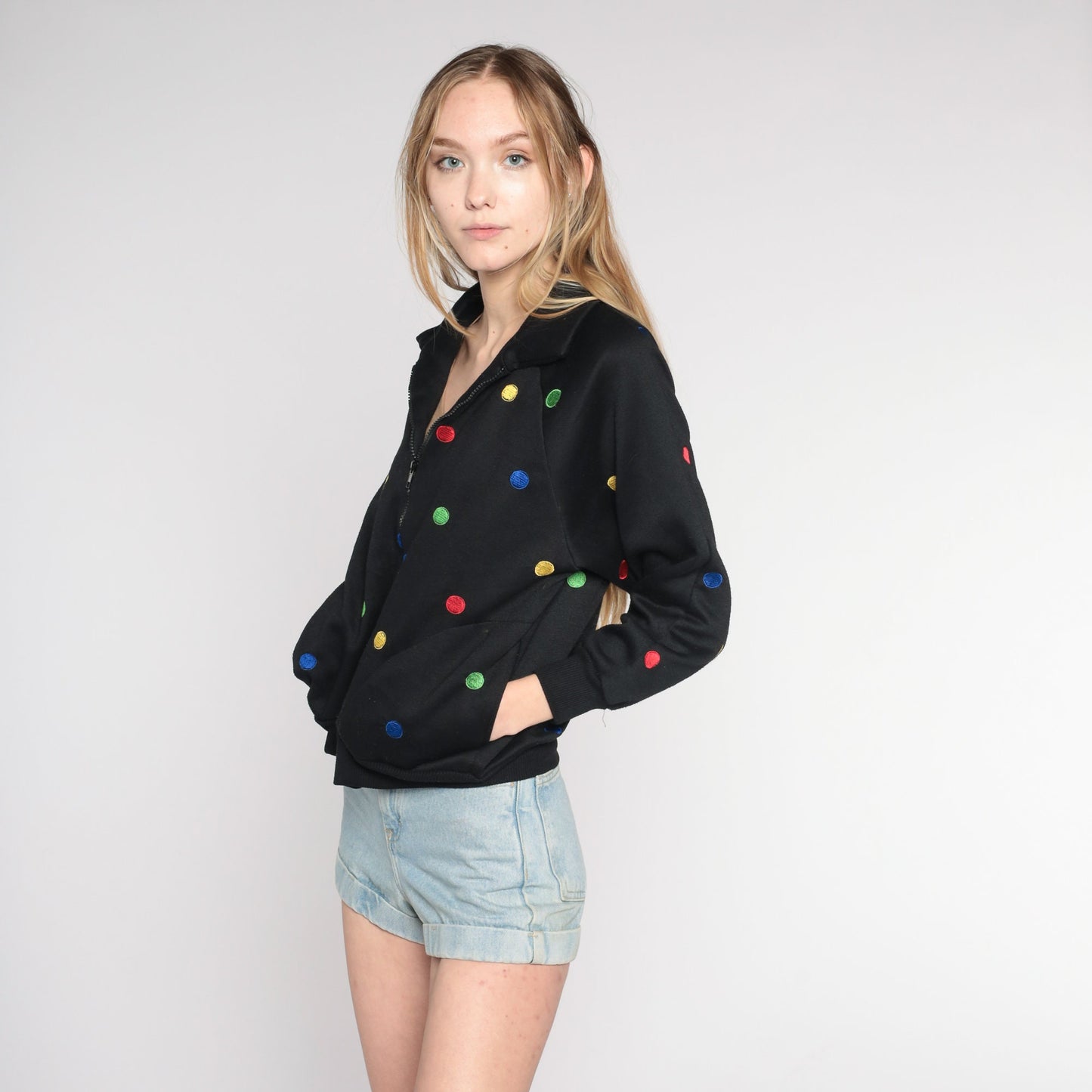 Y2K Black Polka Dot Zip-Up Windbreaker Jacket Small S